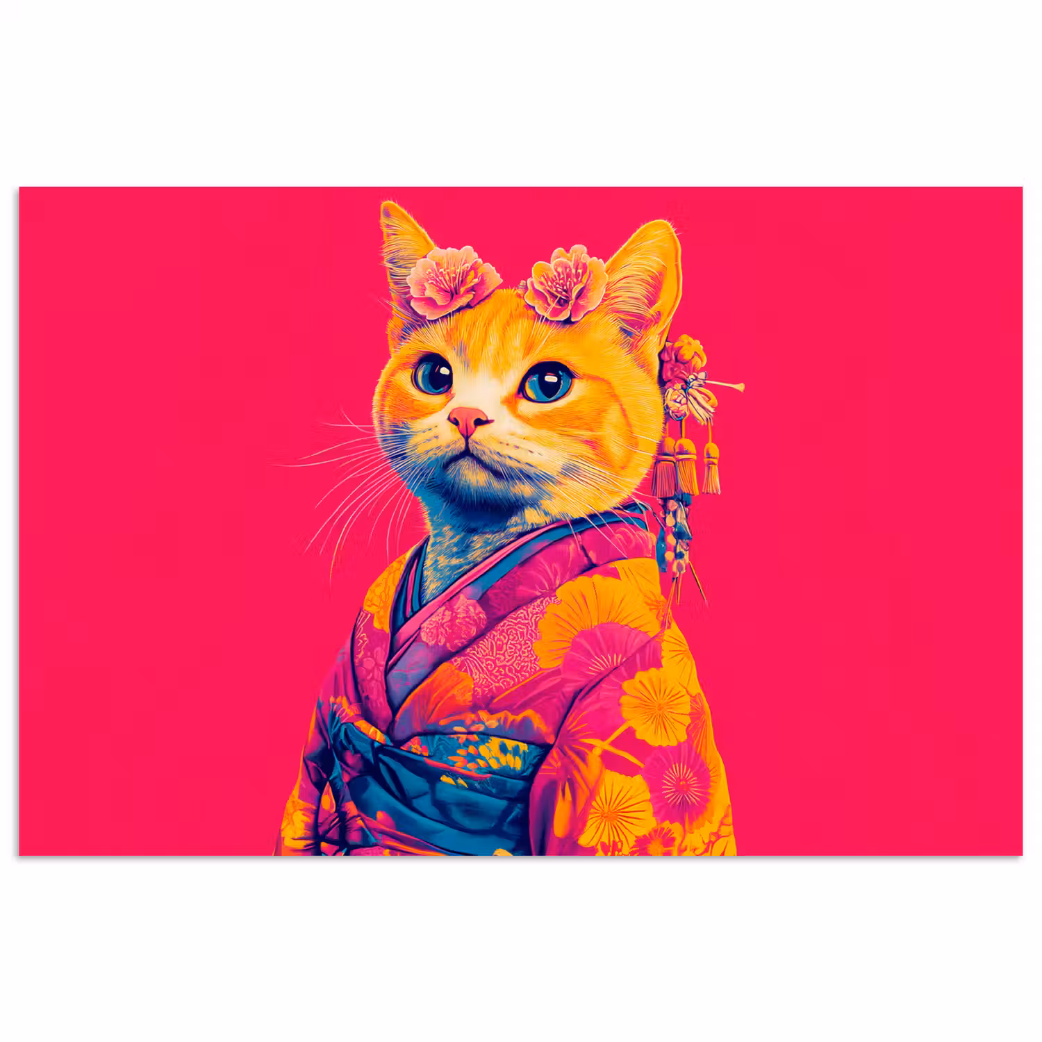 Kat - Kimono - Bloemen - Roze poster papier klein -3d
