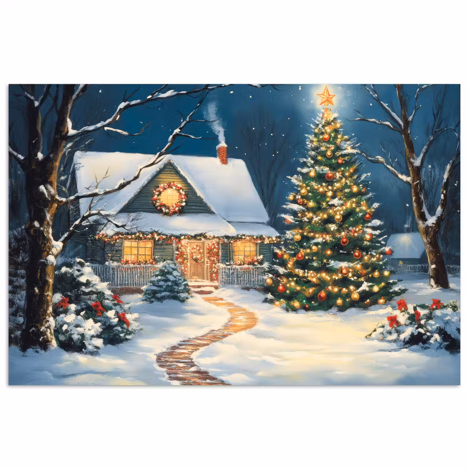 Kerst - Kerstboom - Winter - Huis - Sneeuw poster papier klein -3d