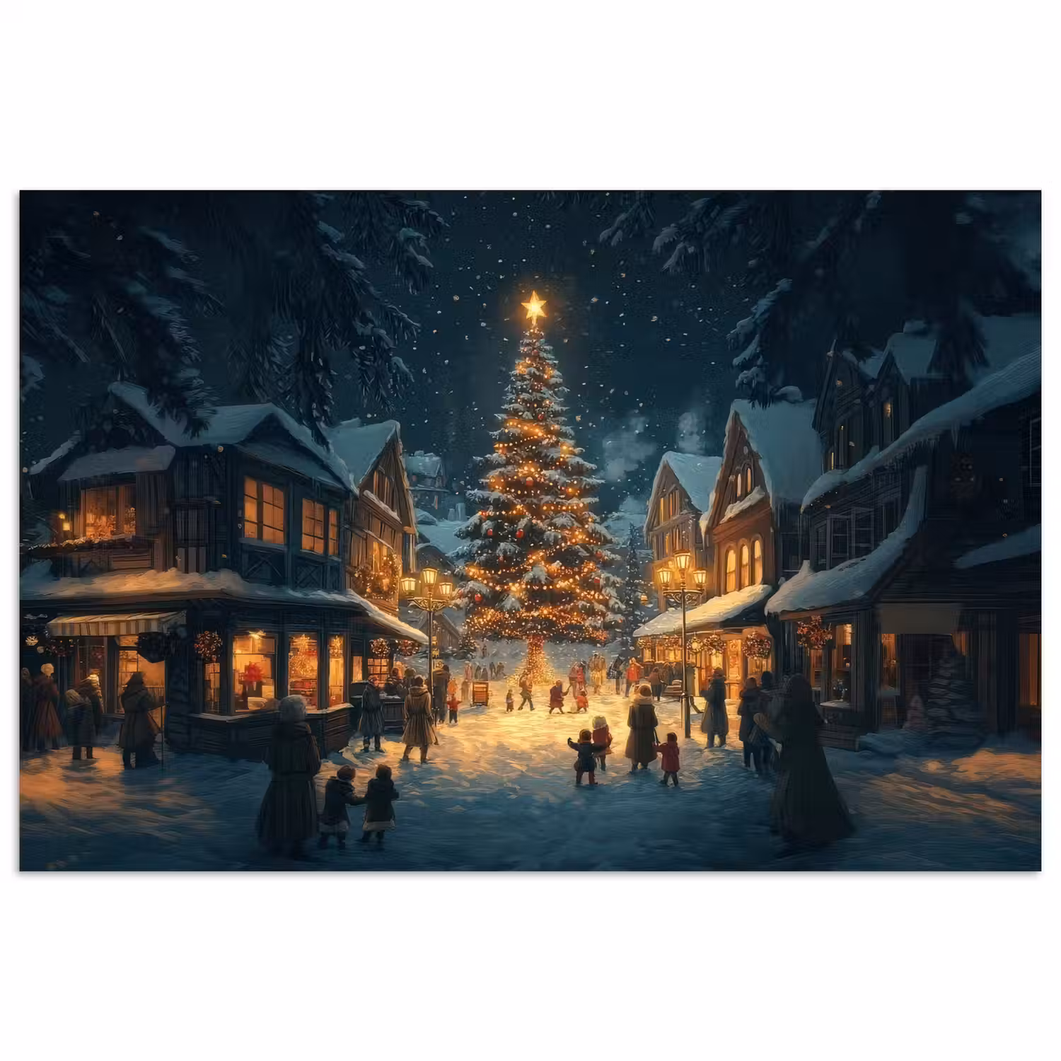 Kerstfeest - Dorp - Donker poster papier klein -3d