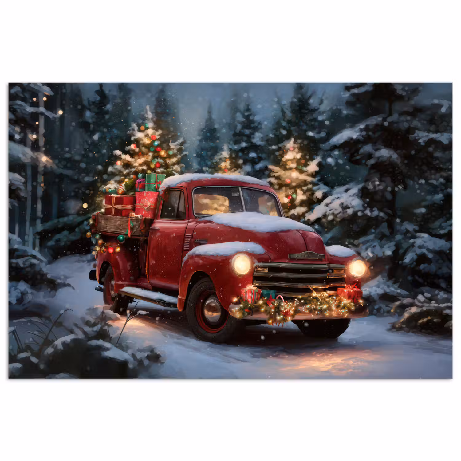 Kersttruck - Sneeuwbos - Rood poster papier klein -3d
