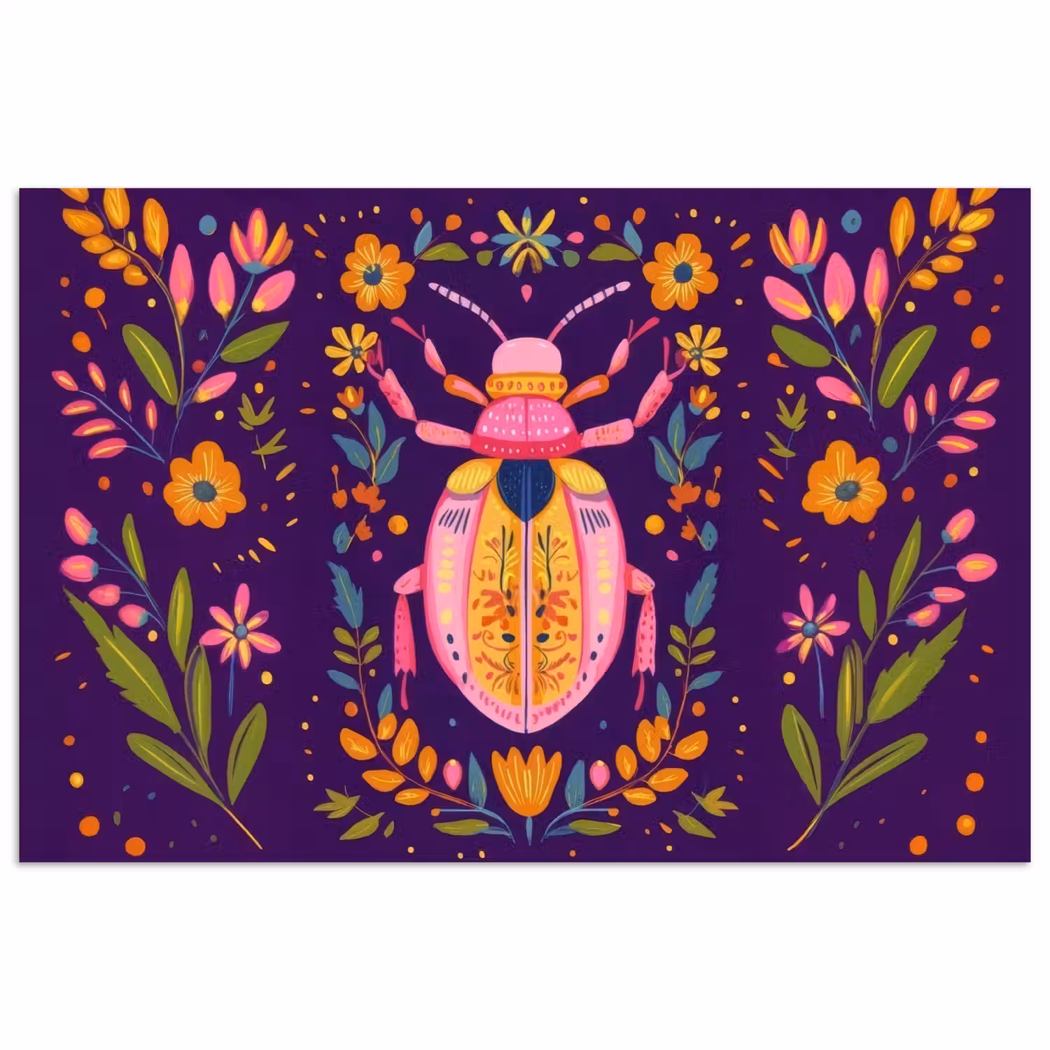 Kever - Felgekleurd - Bloemen - Bladeren poster papier klein -3d