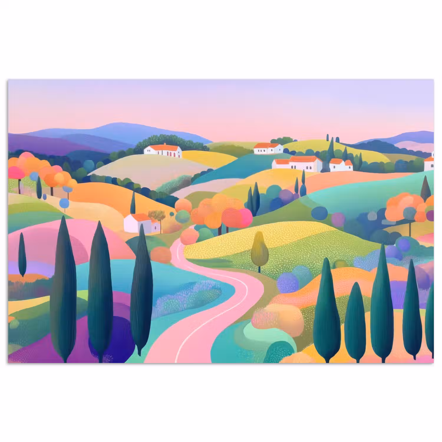 Landschap - Paars - Pastel - Huizen poster papier klein -3d