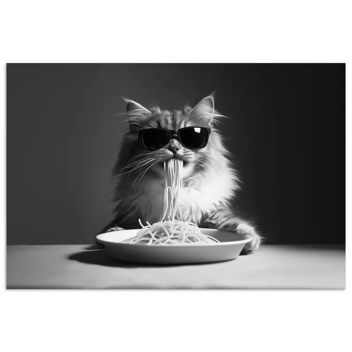 Langharige kat - Zonnebril - Spaghetti - Humor - Zwart - wit poster papier klein -3d