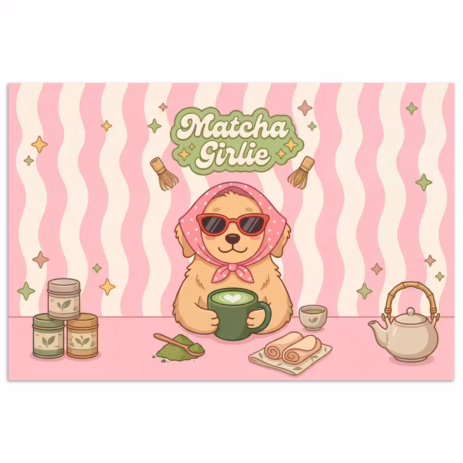Matcha - Hond - Roze - Groen poster papier klein -3d