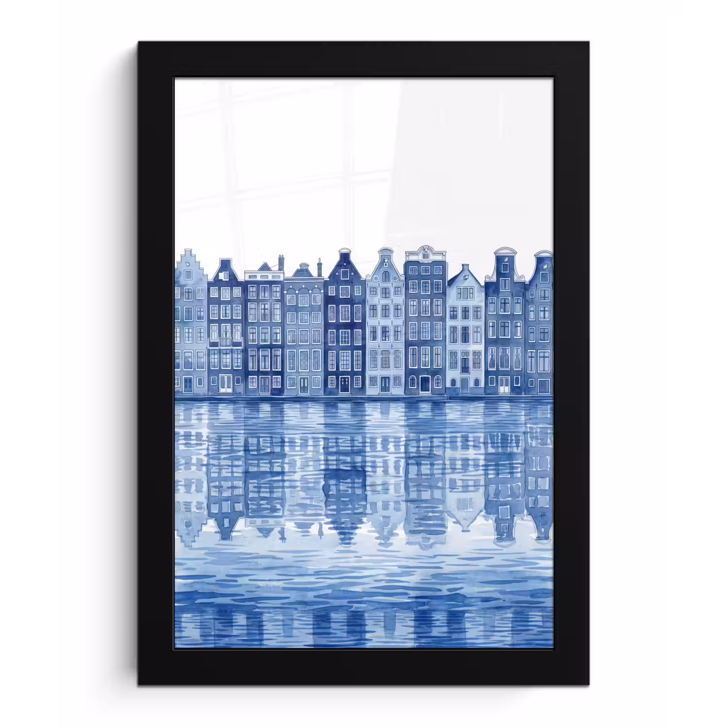 Aquarel - Grachtenpanden - Delfts - Blauw fotolijst zwart zonder passe partout klein -3d