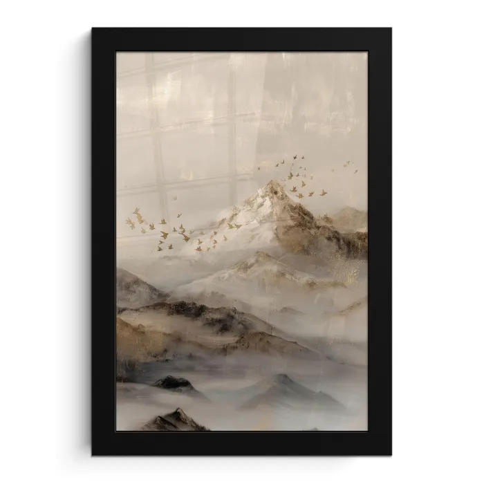 Berglandschap - Mist - Penseelstreken fotolijst zwart zonder passe partout klein -3d