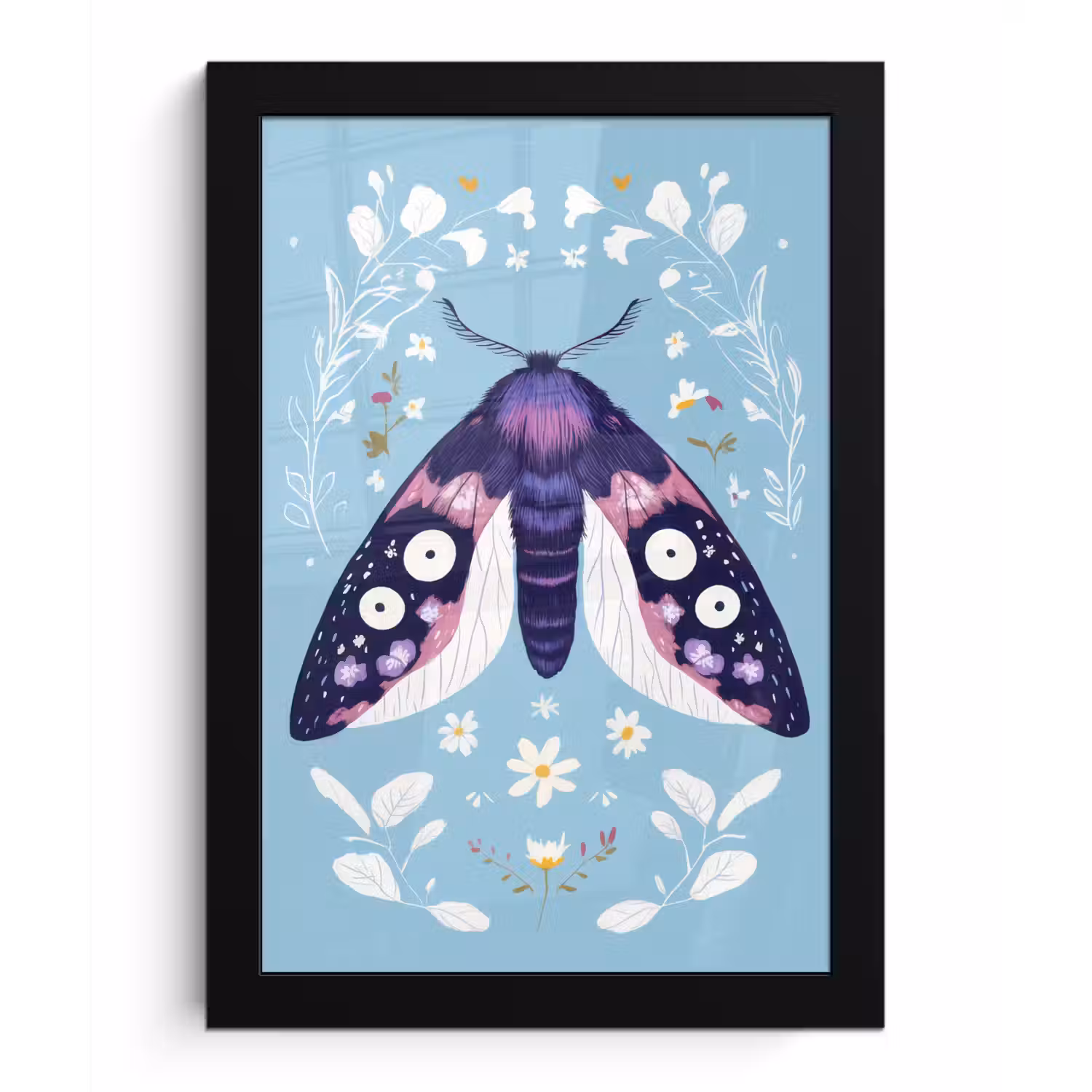 Bladeren - Wit - Vlinder - Insect fotolijst zwart zonder passe partout klein -3d