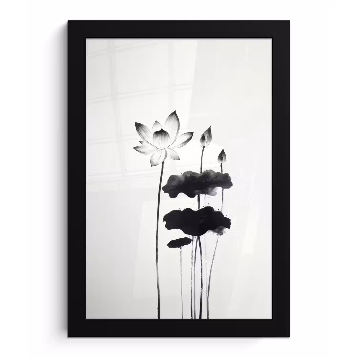 Bladeren - Zwart - Lotusbloem - Minimalitisch fotolijst zwart zonder passe partout klein -3d