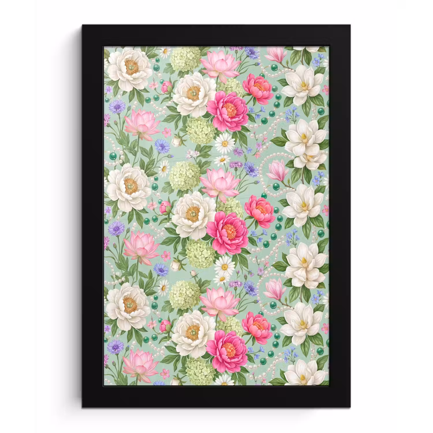 Bloemen - Patroon - Botanisch - Groen fotolijst zwart zonder passe partout klein -3d