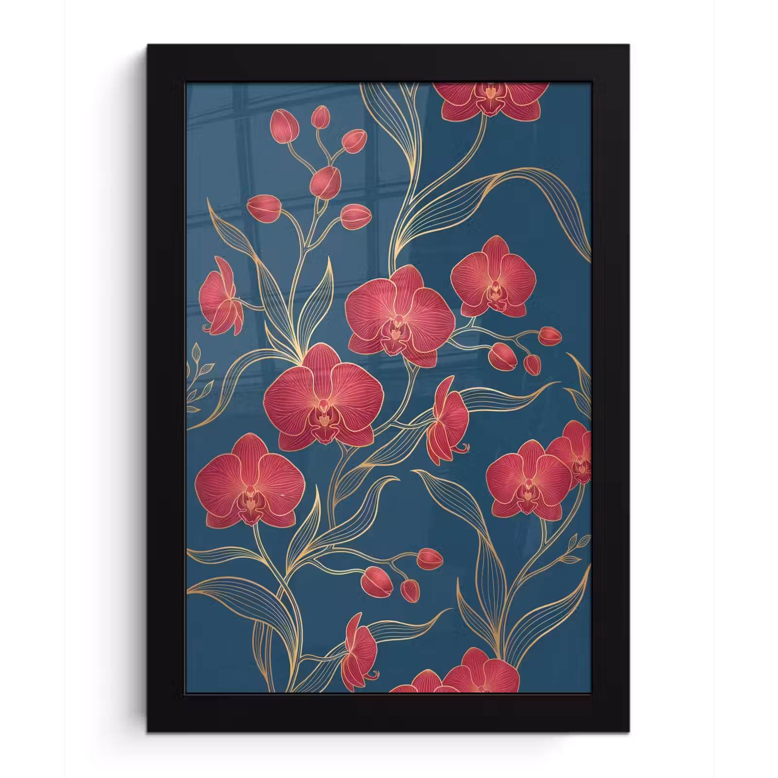 Poster met lijst - Bloemen - Rood - Goud - Bloemen - Rood - Goud fotolijst zwart zonder passe partout klein