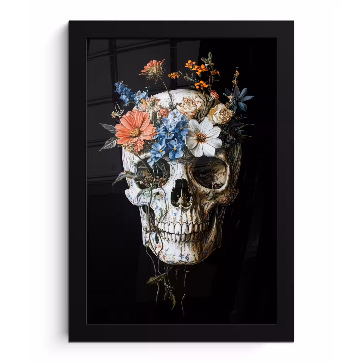 Bloemen - Schedel - Kleurrijk fotolijst zwart zonder passe partout klein -3d