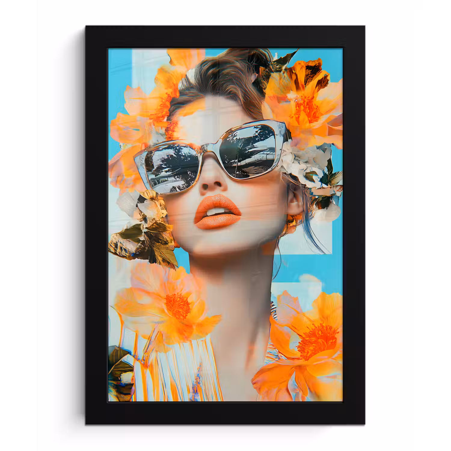 Bloemen - Vrouw - Zonnebril - Blauw fotolijst zwart zonder passe partout klein -3d