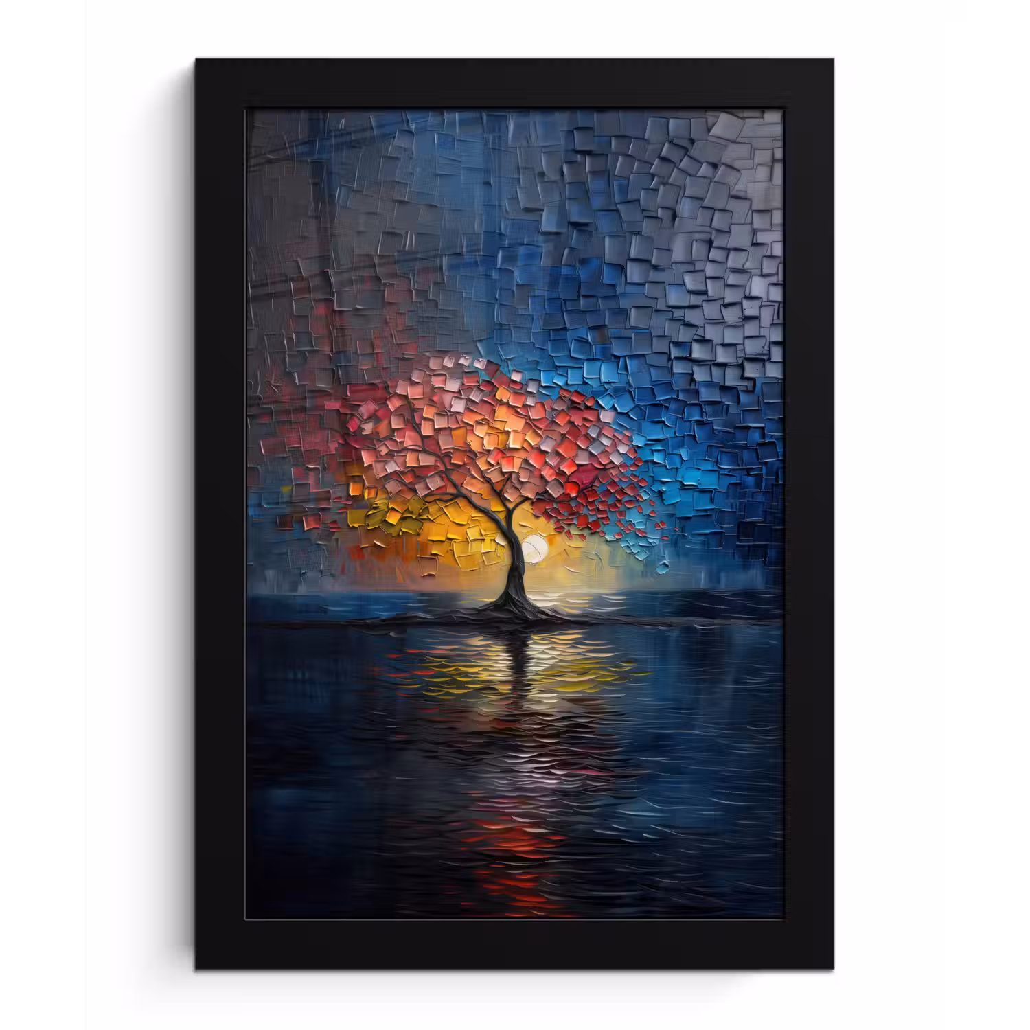 Boom - Blauw - Bladeren - Vakken fotolijst zwart zonder passe partout klein -3d