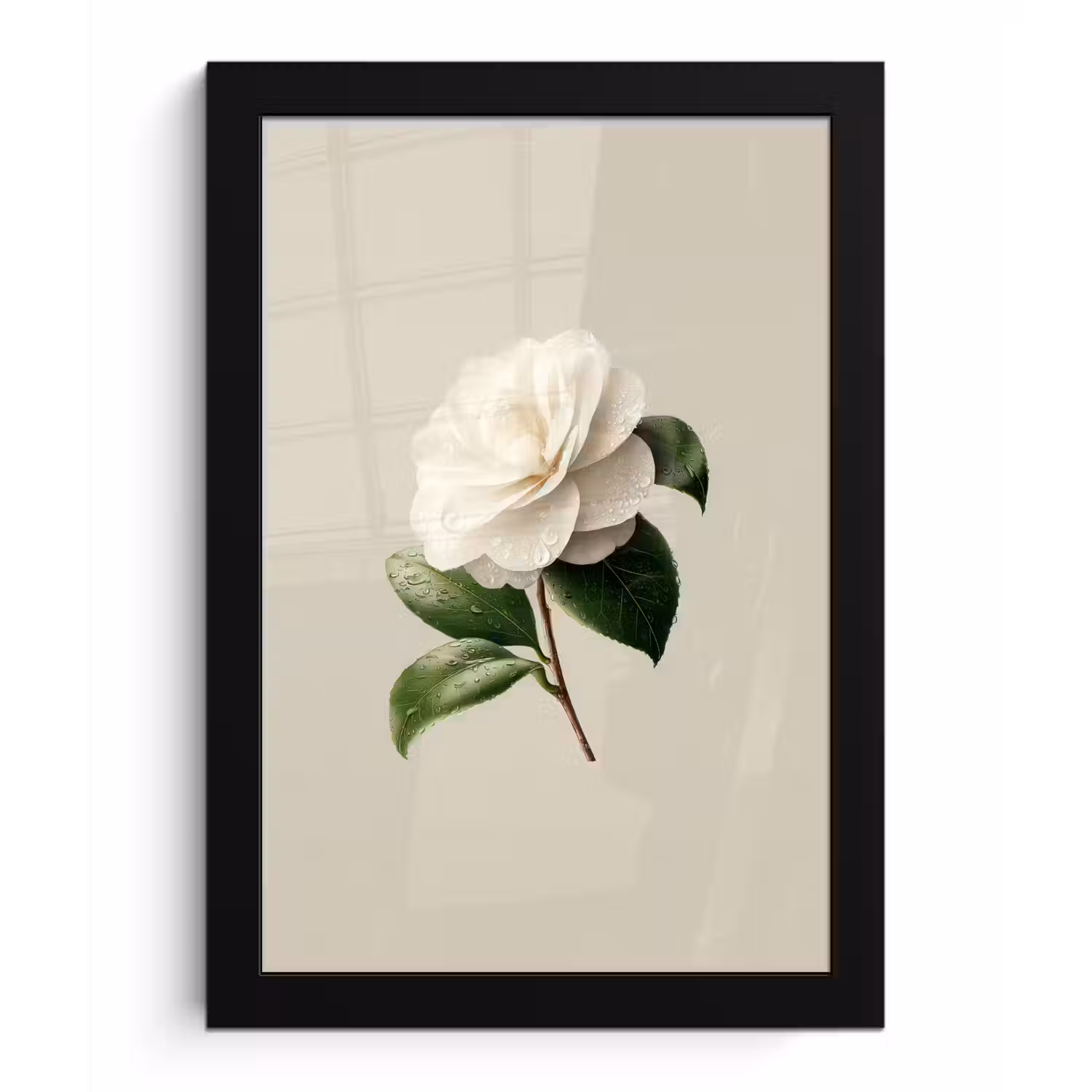 Cameliabloem - Wit - Groen fotolijst zwart zonder passe partout klein -3d