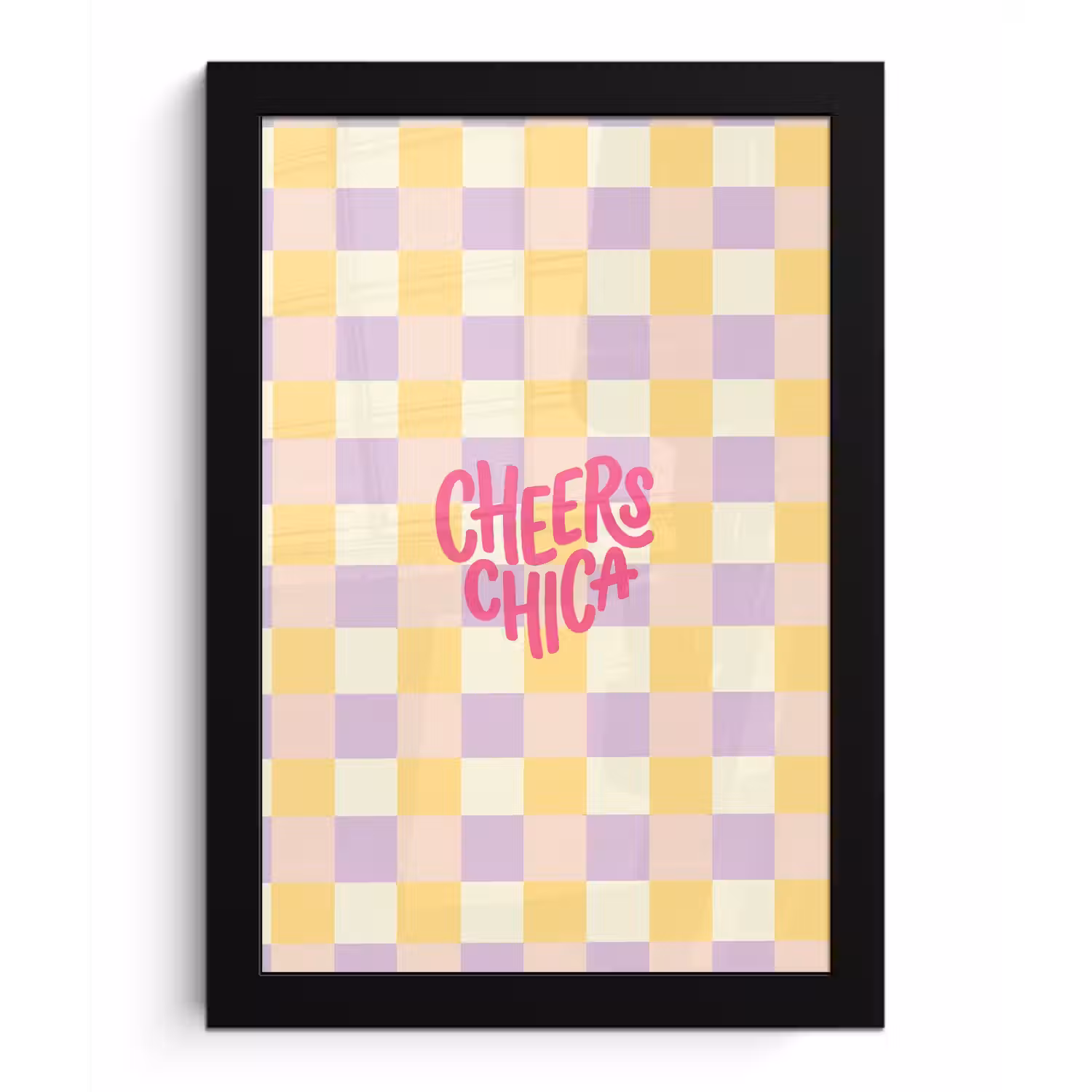 Cheers Chica - Ruitjes - Lila - Geel fotolijst zwart zonder passe partout klein -3d