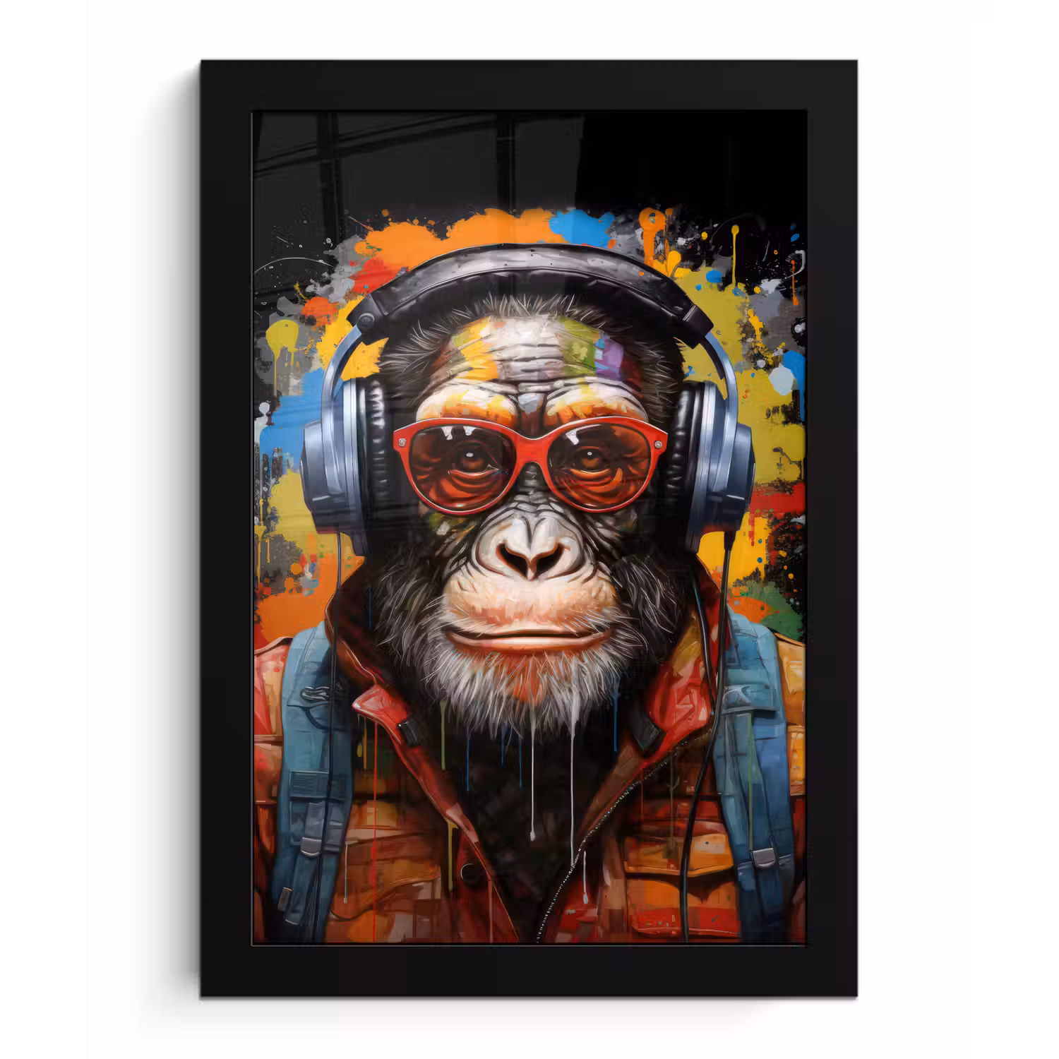 Chimpansee - Aap - dieren - Graffiti - Bril - Koptelefoon - Kleuren fotolijst zwart zonder passe partout klein -3d
