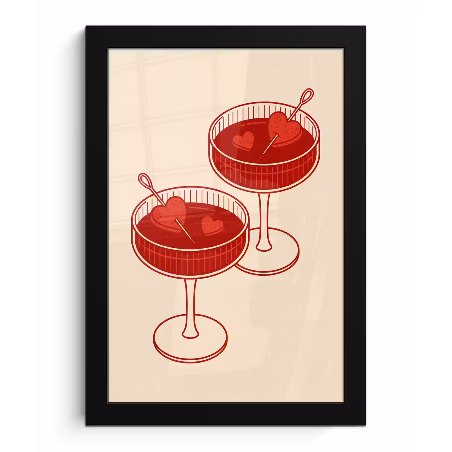 Cocktail - Hartjes - Liefde - Illustratie - Rood fotolijst zwart zonder passe partout klein -3d