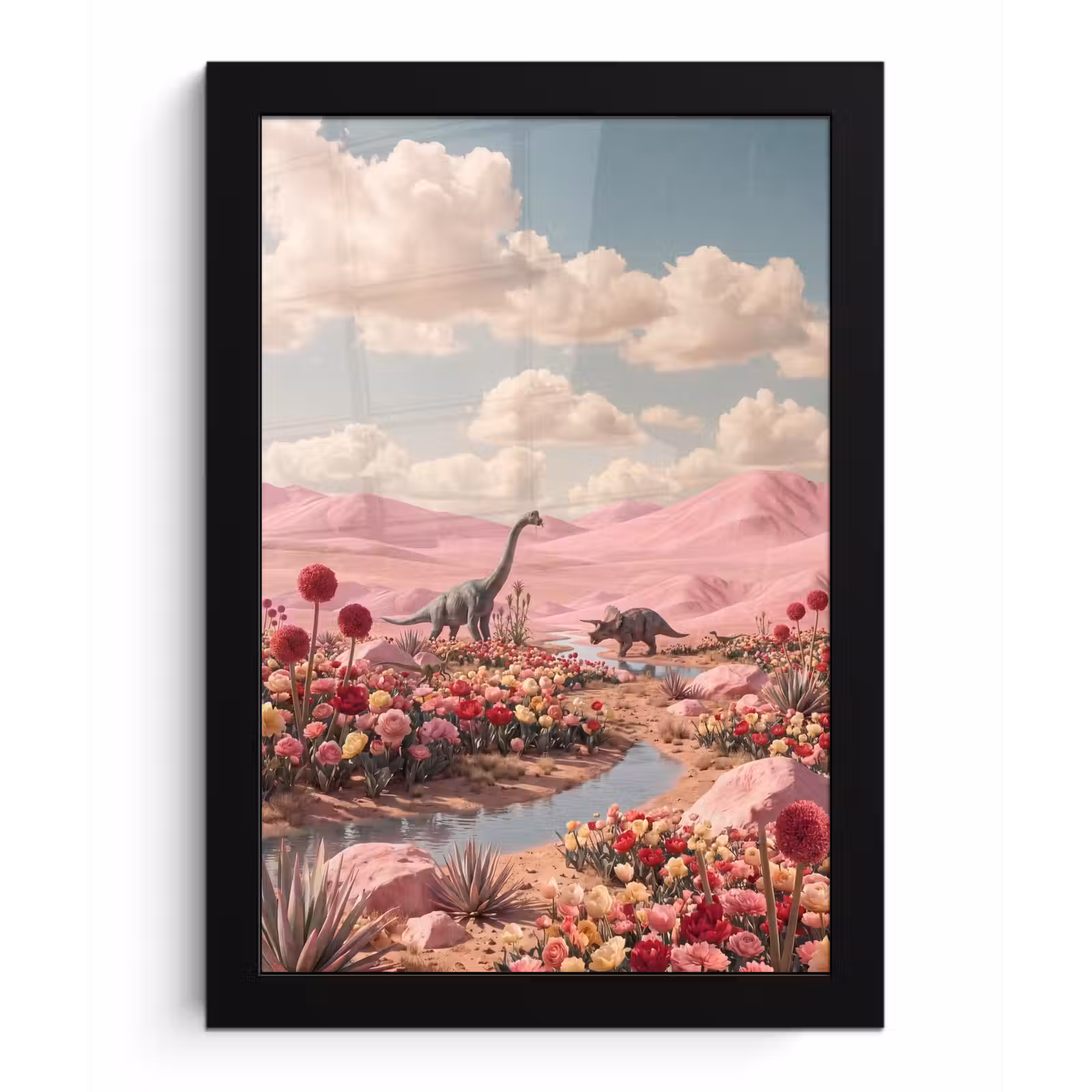Poster met lijst - Dinosaurus - Roze - Landschap - Dinosaurus - Roze - Landschap fotolijst zwart zonder passe partout klein
