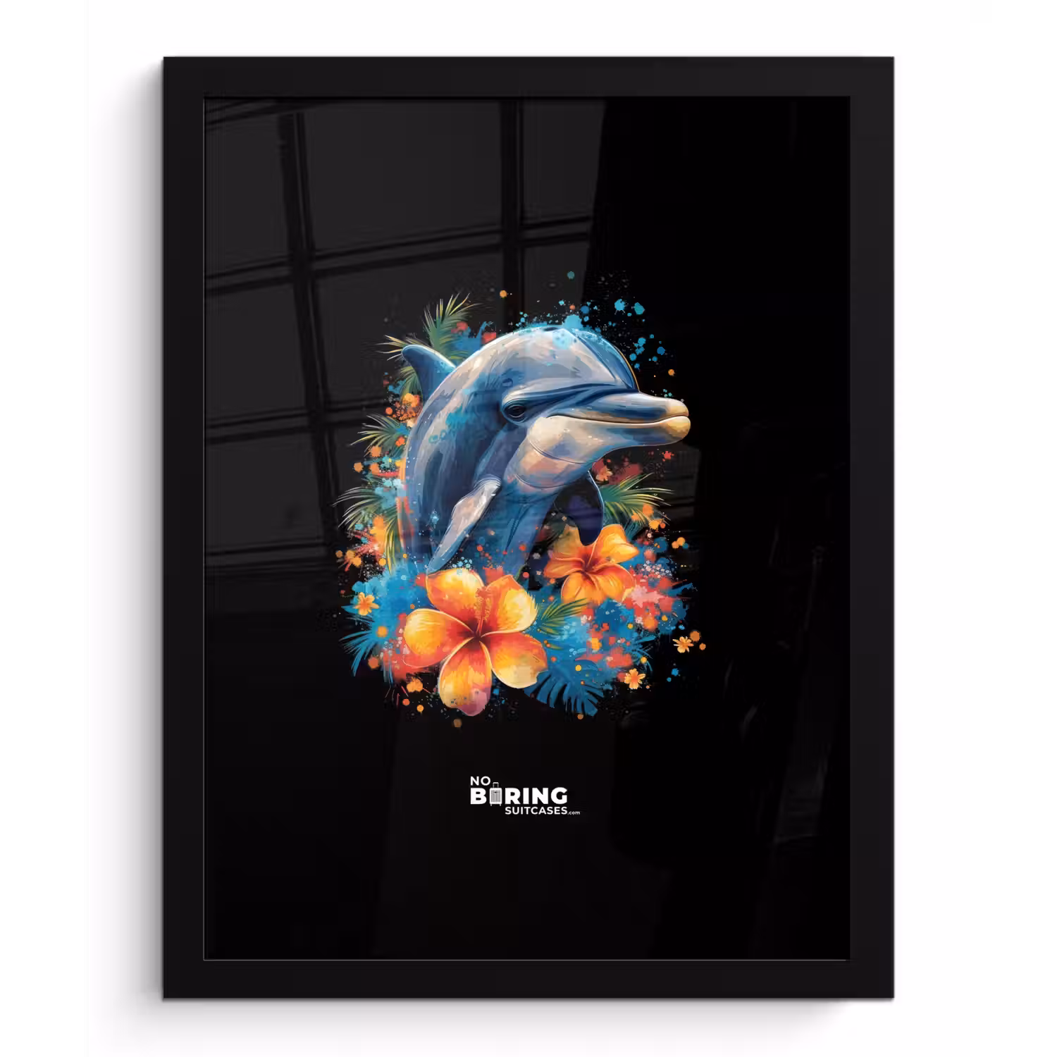 Dolfijn te midden van graffiti bloemen fotolijst zwart zonder passe partout klein -3d