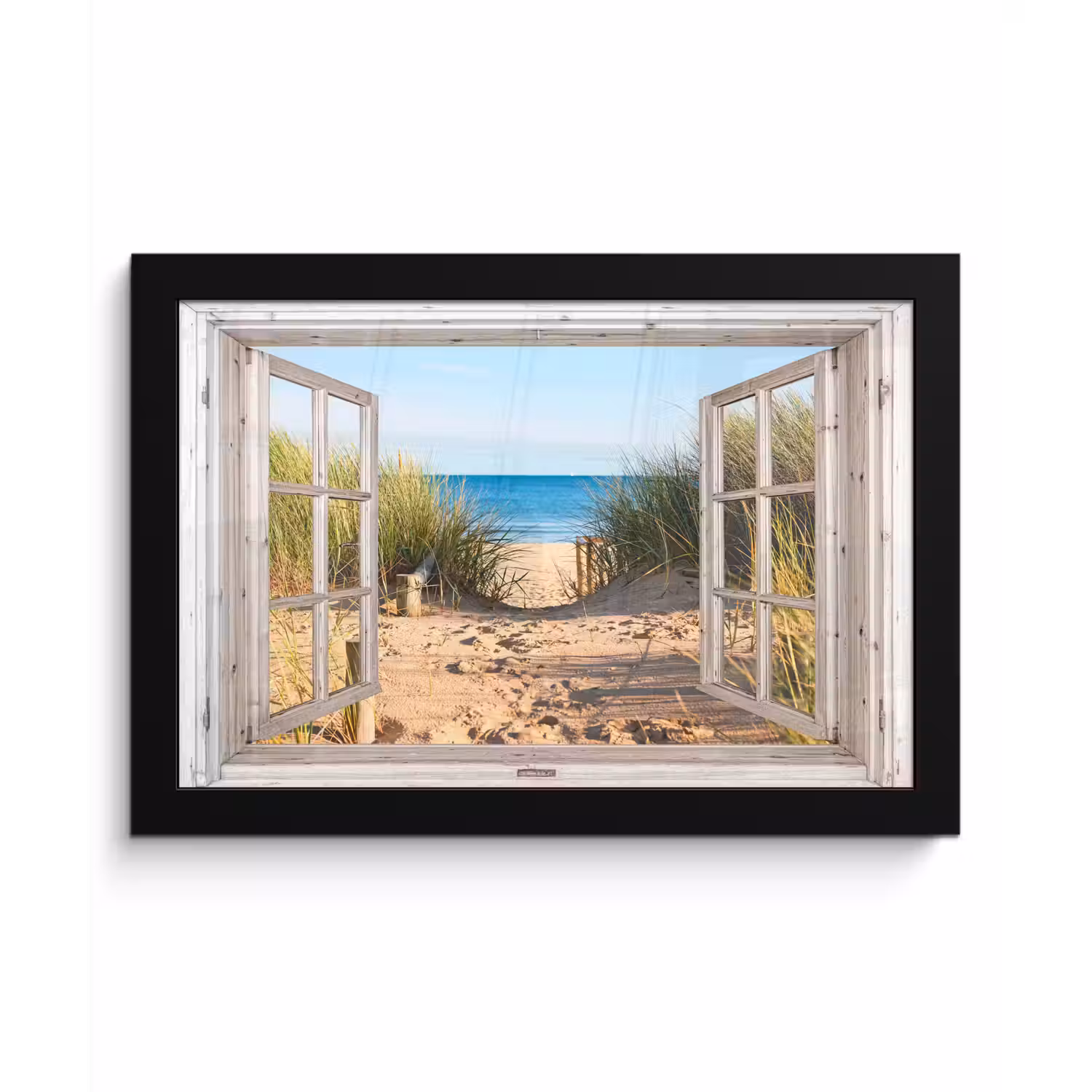 Doorkijk - Strand - Zee - Duinen - Zand - Water - Helmgras fotolijst zwart zonder passe partout klein -3d