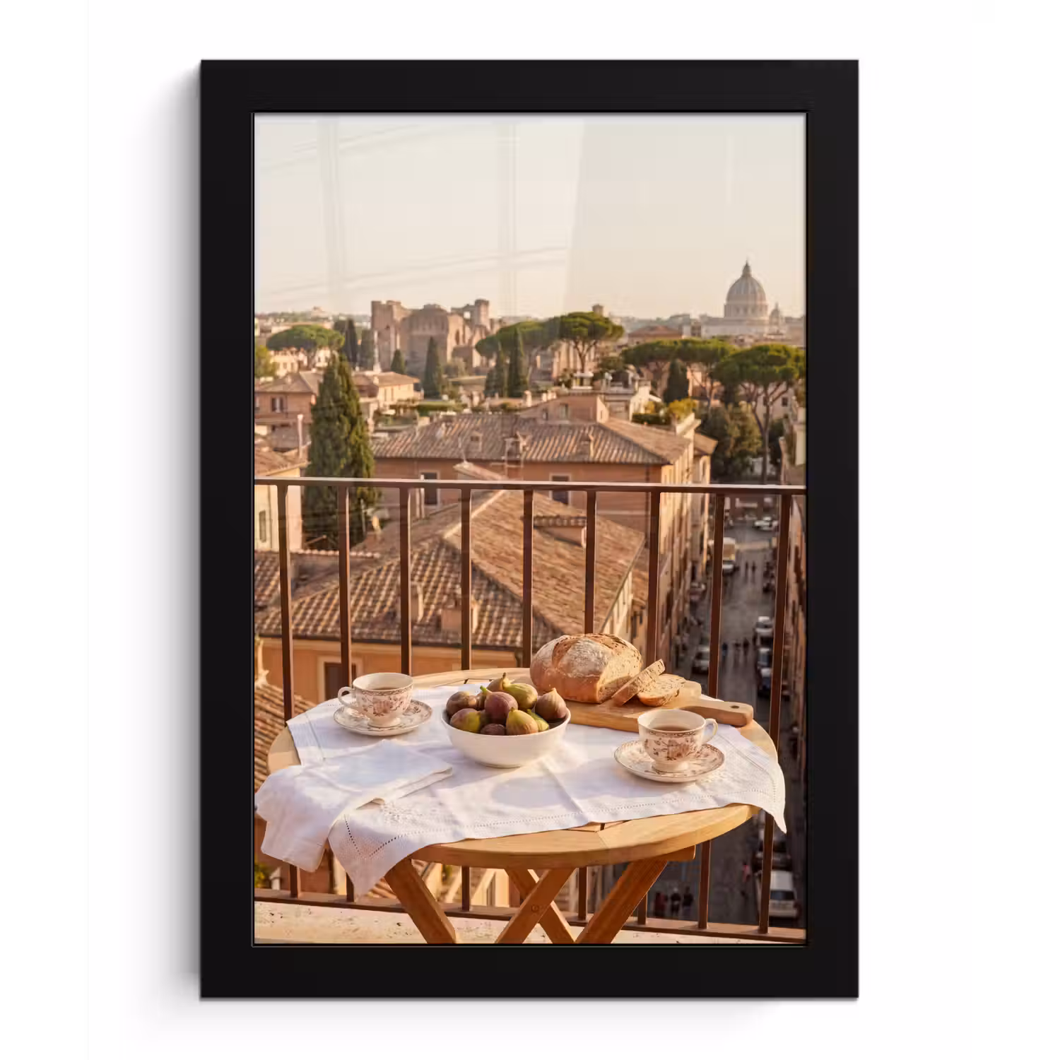 Eten - Ontbijt - Balkon - Stad - Zonsopgang fotolijst zwart zonder passe partout klein -3d