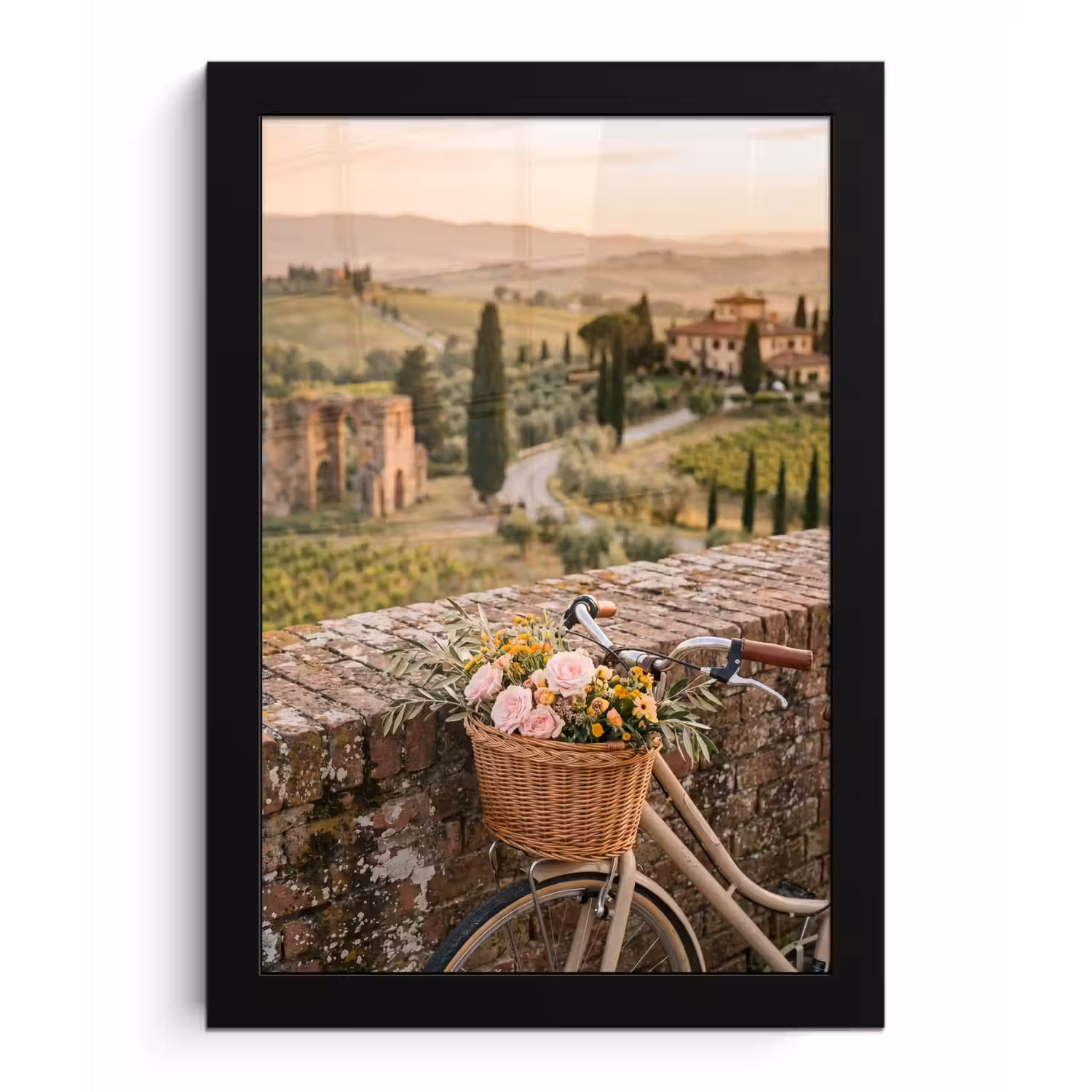 Fiets - Bloemen - Toscane - Landschap - Roze fotolijst zwart zonder passe partout klein -3d