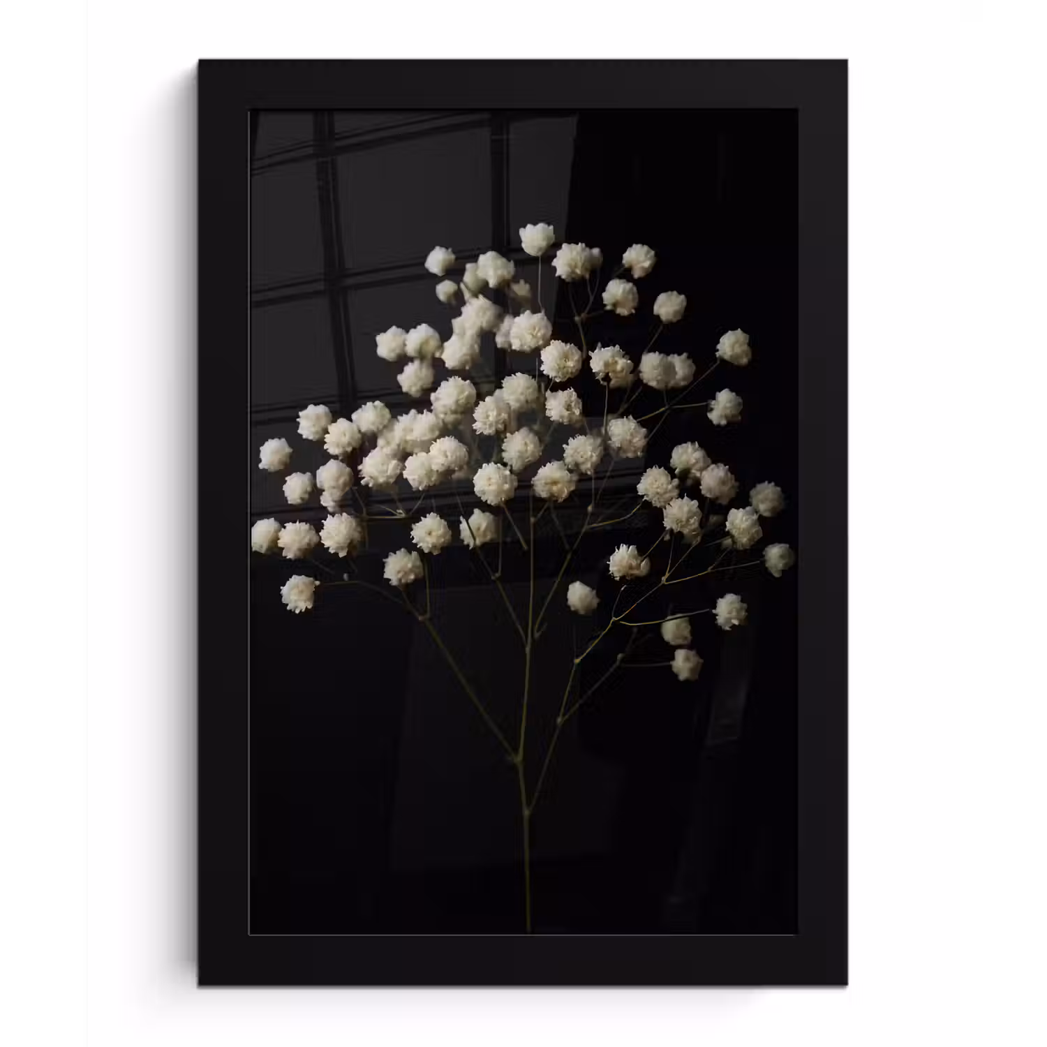 Gipskruid - Bloemetjes - Wit - Minimalistisch fotolijst zwart zonder passe partout klein -3d