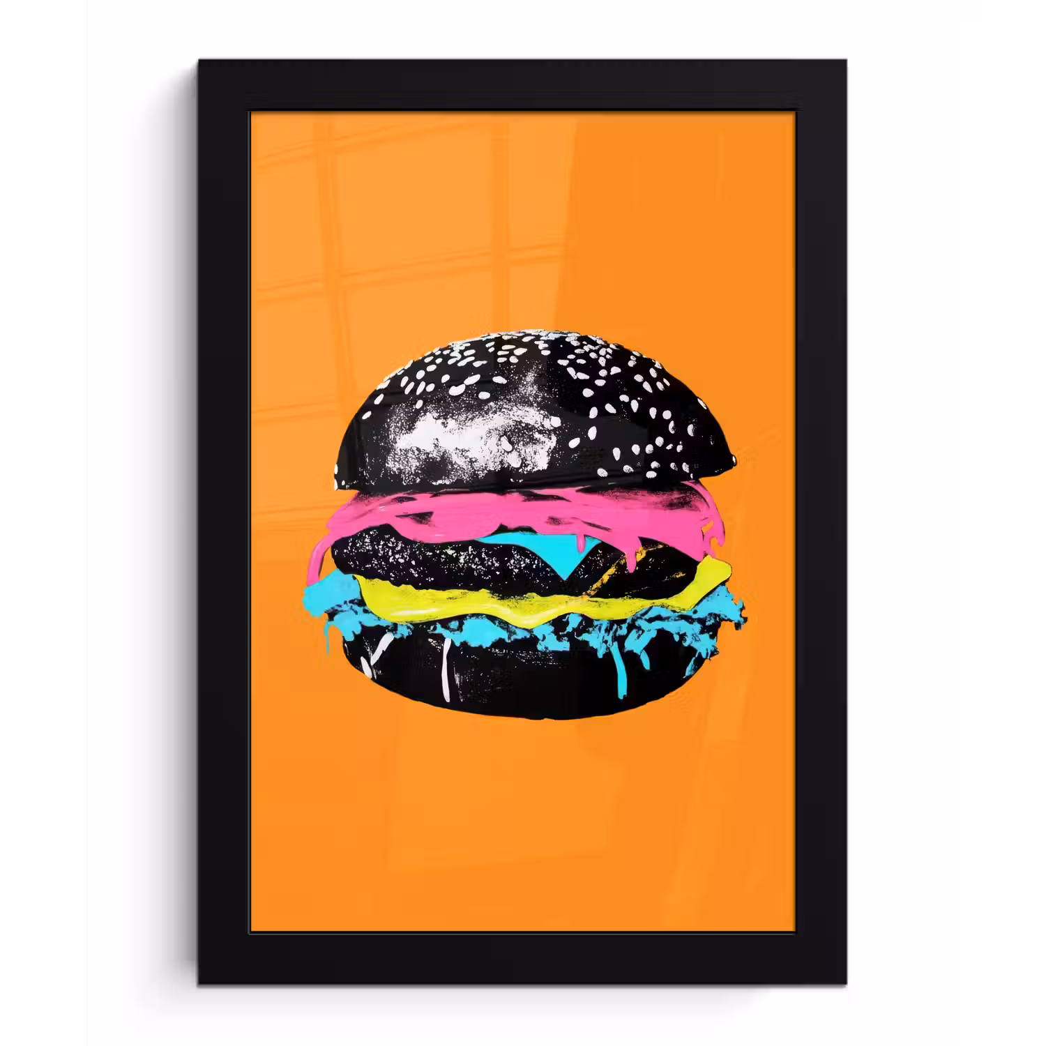 Hamburger - Oranje - Neon - popart fotolijst zwart zonder passe partout klein -3d