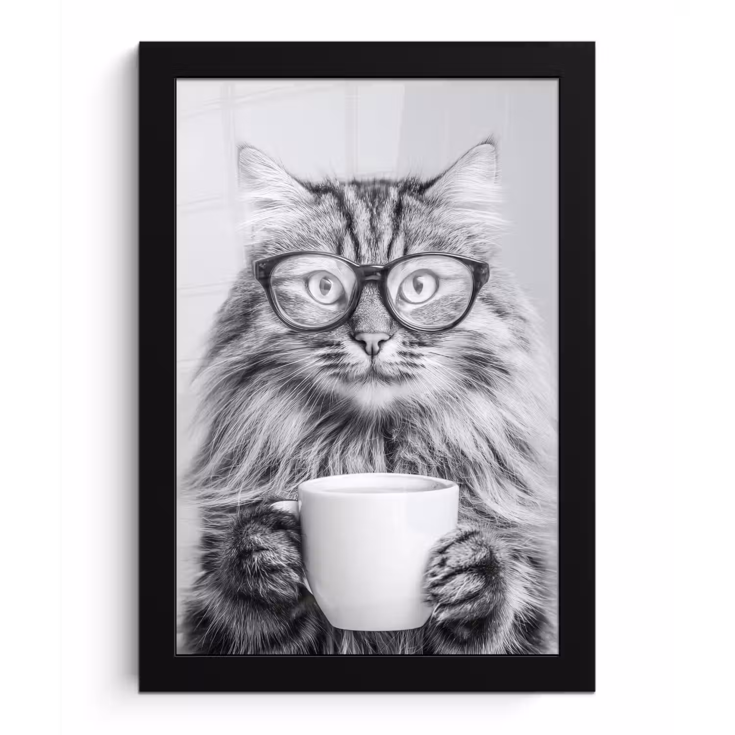 Kat - Bril - Mok - Pluizig fotolijst zwart zonder passe partout klein -3d