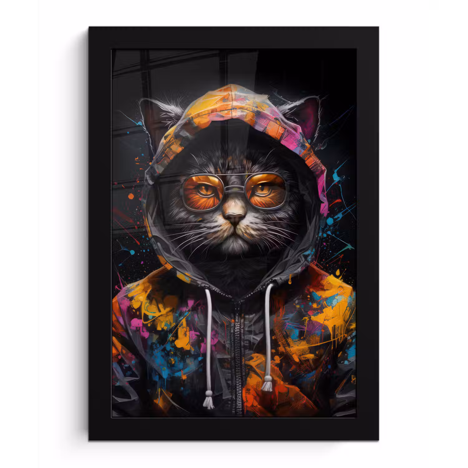 Kat - Jas - Graffiti - Bril - Zwart fotolijst zwart zonder passe partout klein -3d