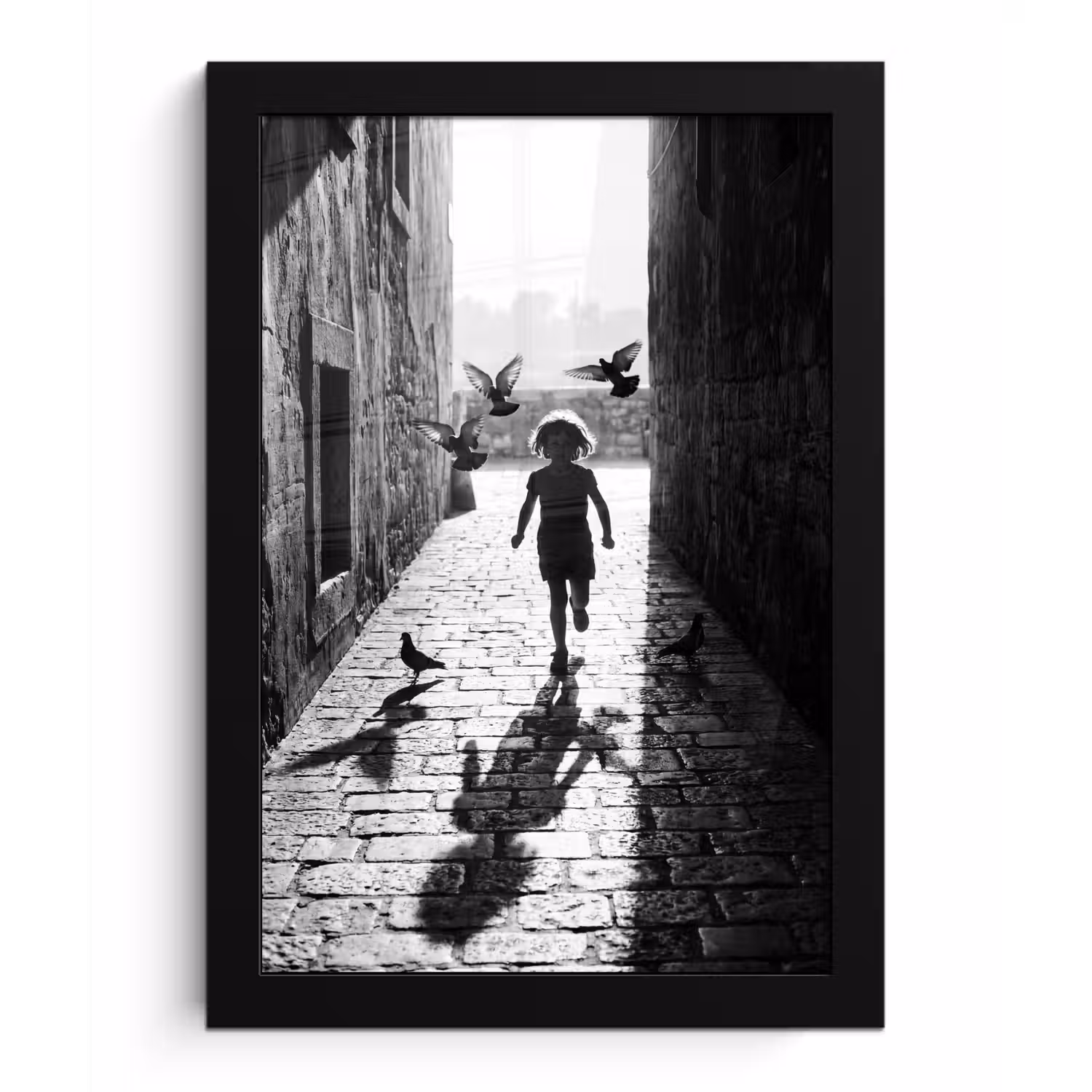 Kind - Vogel - Straat - Zwart-wit - Spelen fotolijst zwart zonder passe partout klein -3d