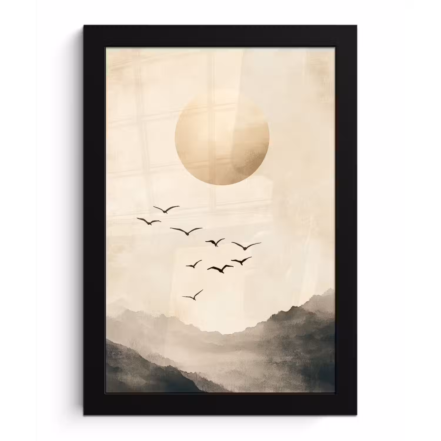 Landschap - Japandi - vogel fotolijst zwart zonder passe partout klein -3d