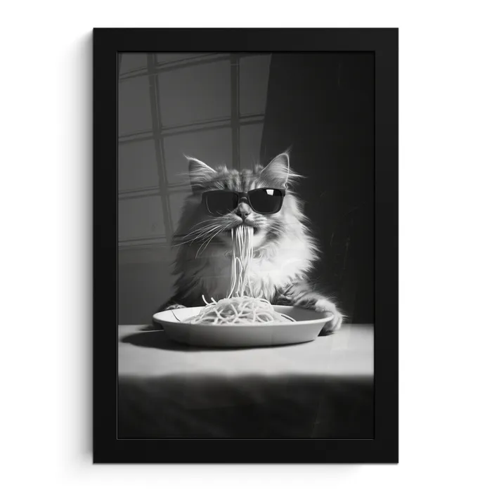 Langharige kat - Zonnebril - Spaghetti - Humor - Zwart - wit fotolijst zwart zonder passe partout klein -3d