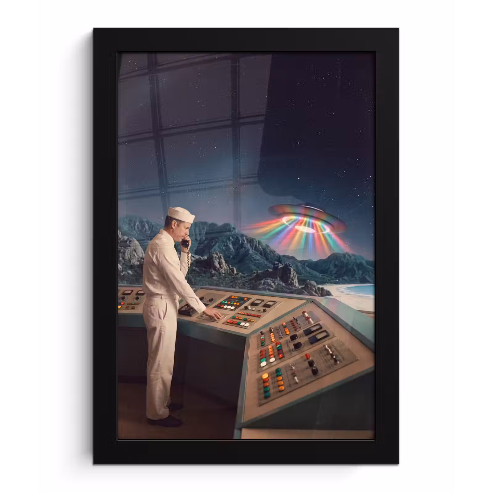Poster met lijst - Man - Controlekamer - Strand - Man - Controlekamer - Strand fotolijst zwart zonder passe partout klein