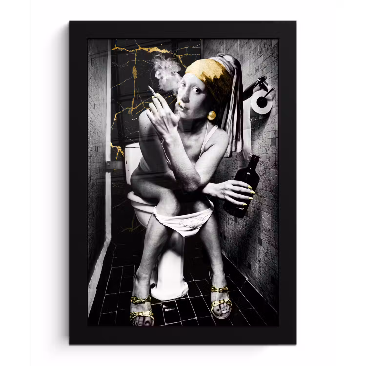 Marmerlook - Meisje met de parel - Sigaretten - Toilet - Goud - Kunst - Oude meesters fotolijst zwart zonder passe partout klein -3d