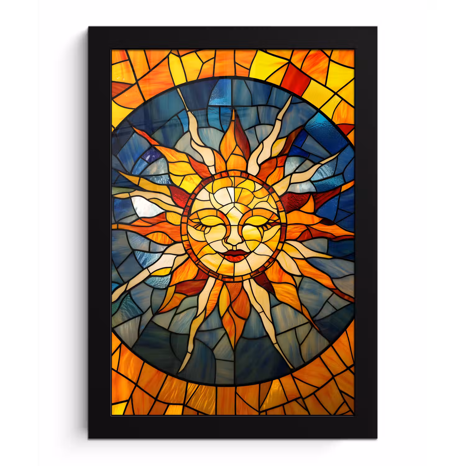 Mozaïek - Zon - Geel - Cirkel fotolijst zwart zonder passe partout klein -3d