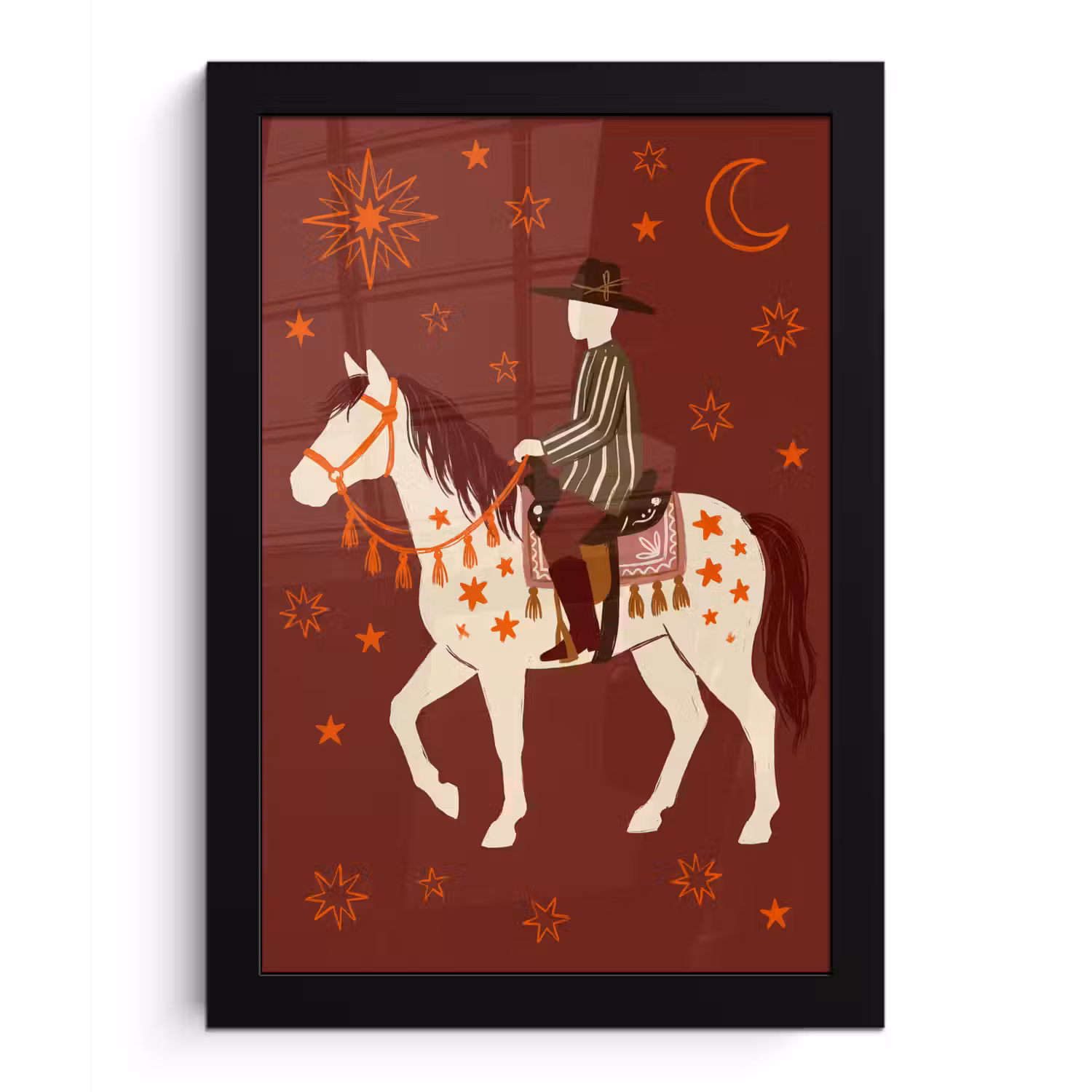 Paard - Ruiter - Sterren - Nacht - Illustratie fotolijst zwart zonder passe partout klein -3d