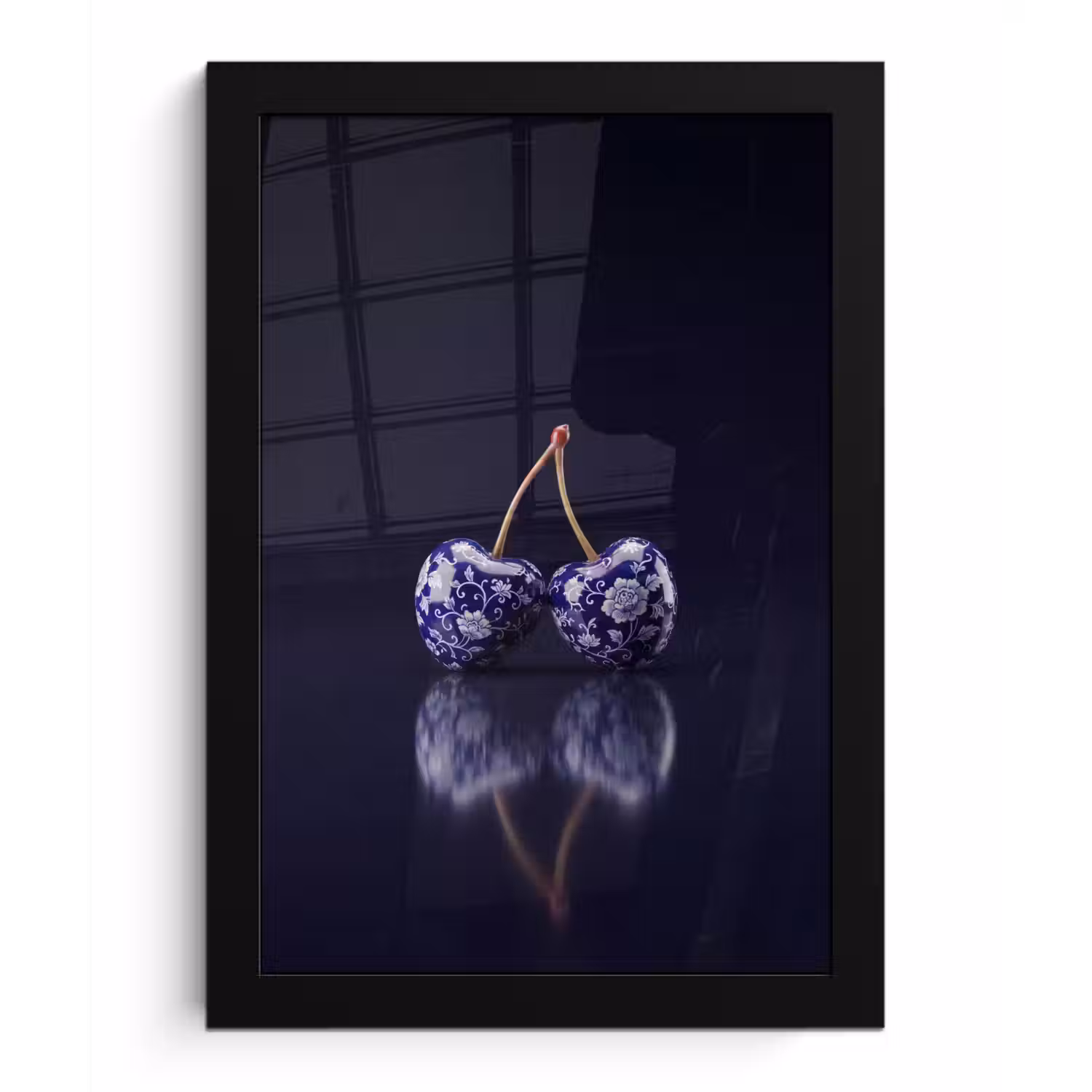 Porselein- Kersen - Delfts - Blauw fotolijst zwart zonder passe partout klein -3d