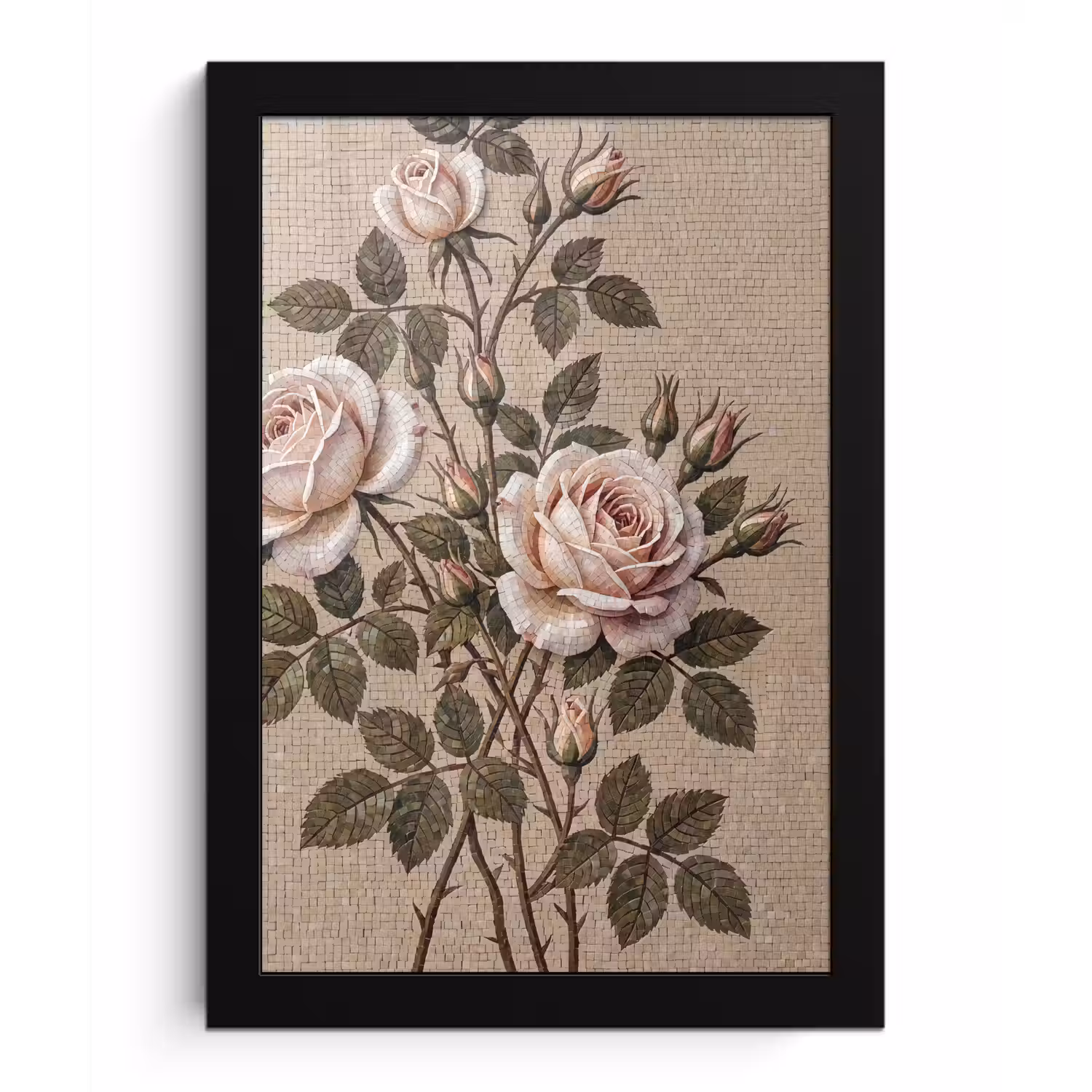 Roos - Mozaïek - Bloemen - Klassiek - Beige fotolijst zwart zonder passe partout klein -3d