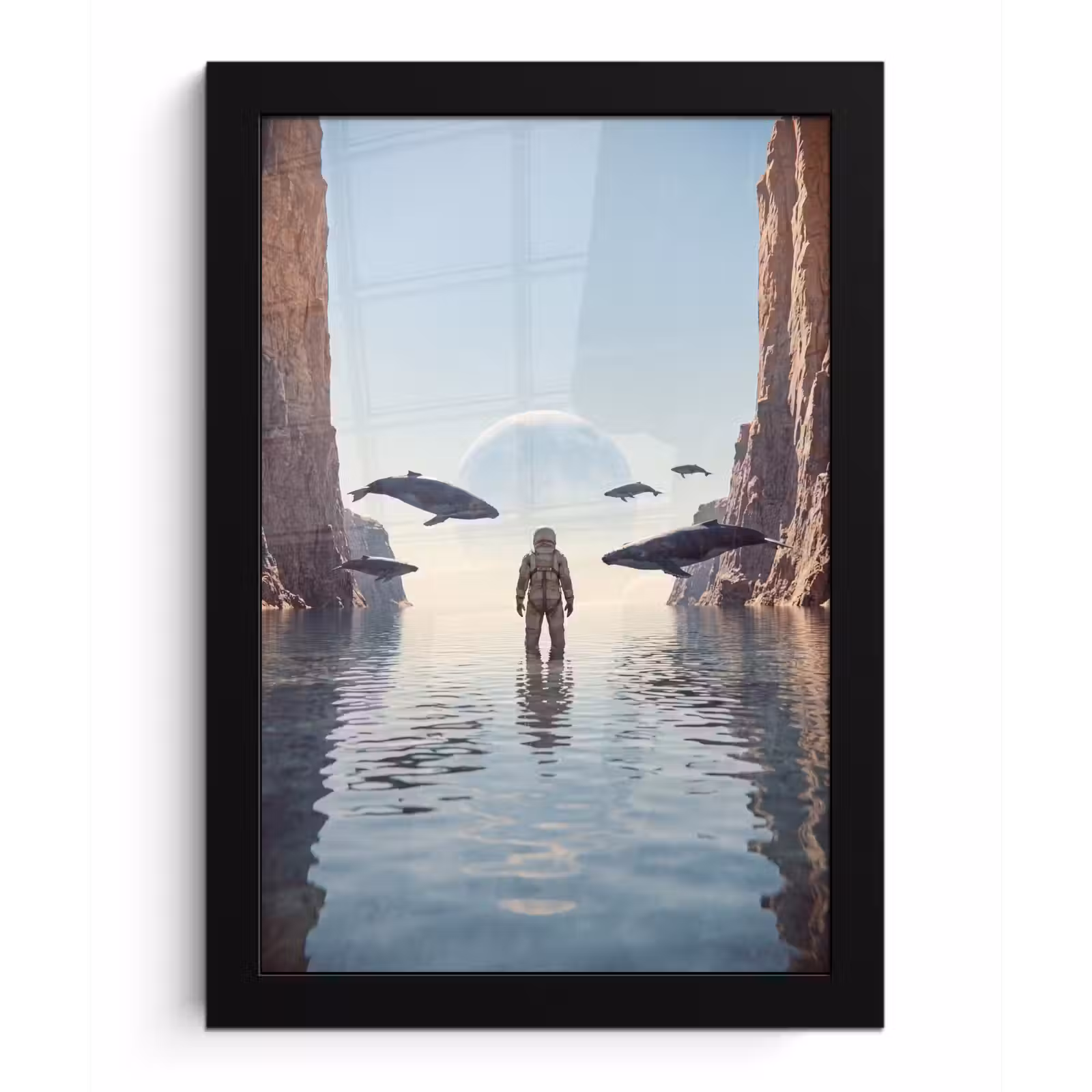 Poster met lijst - Ruimtevaarder - Walvis - Fantasie - Ruimtevaarder - Walvis - Fantasie fotolijst zwart zonder passe partout klein