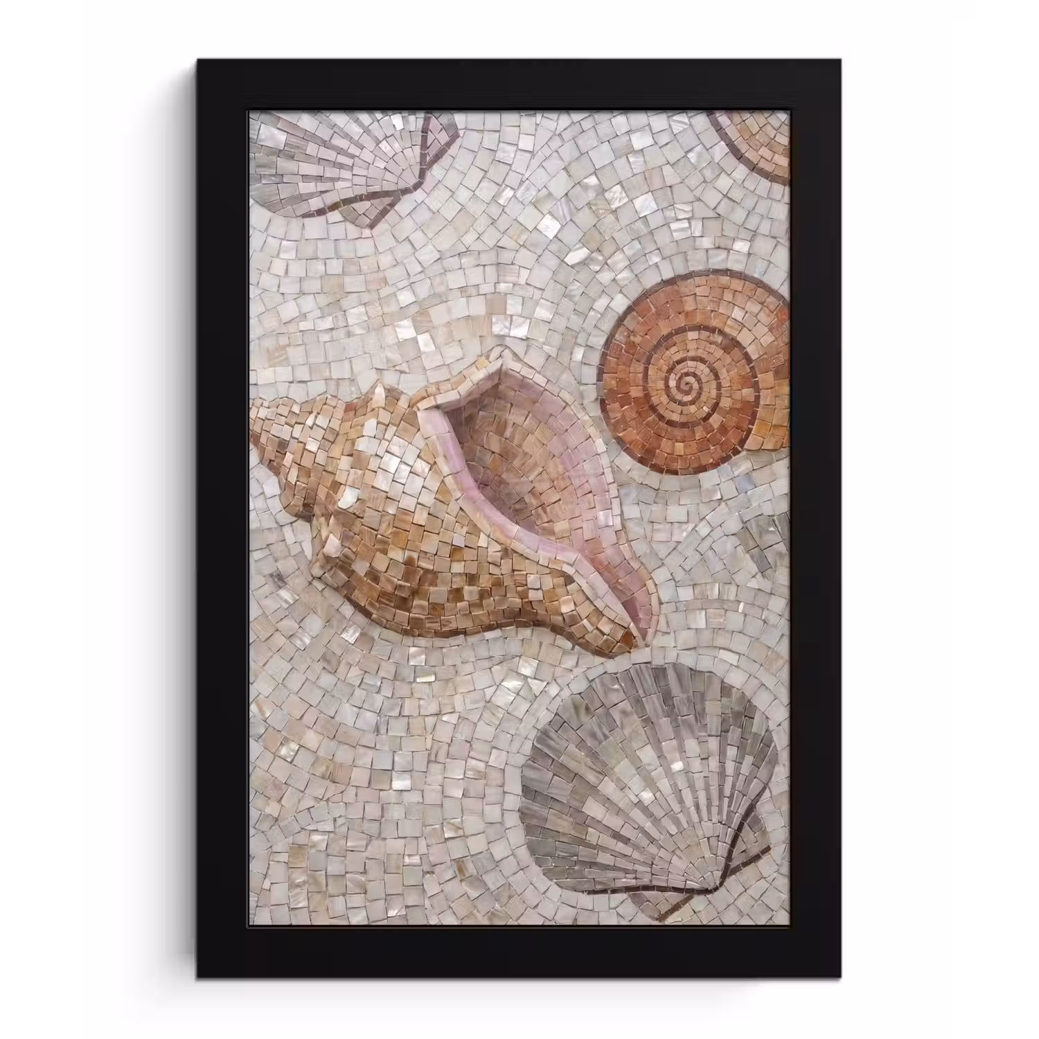 Schelp - Mozaïek - Zee - Beige - Modern fotolijst zwart zonder passe partout klein -3d