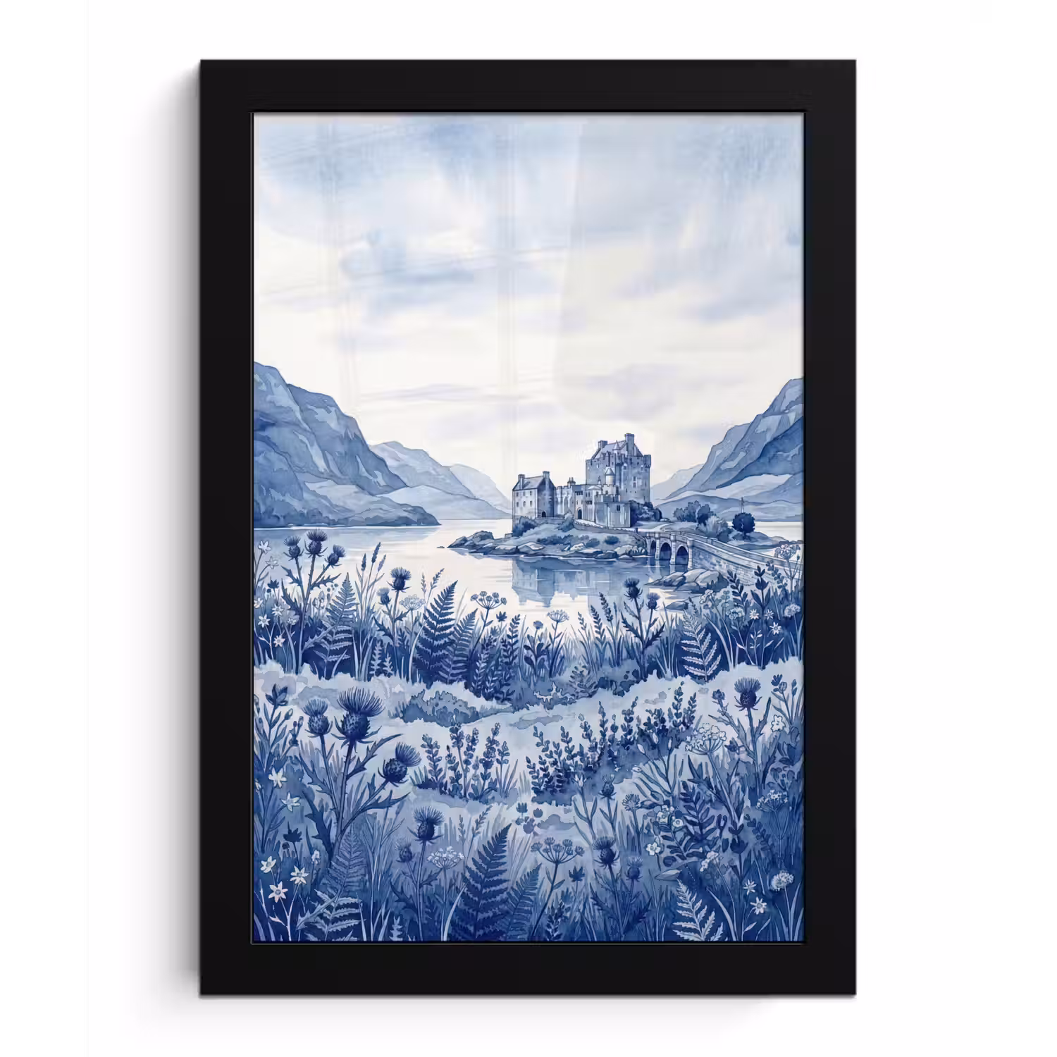 Schots - Kasteel - Blauw - Aquarel fotolijst zwart zonder passe partout klein -3d