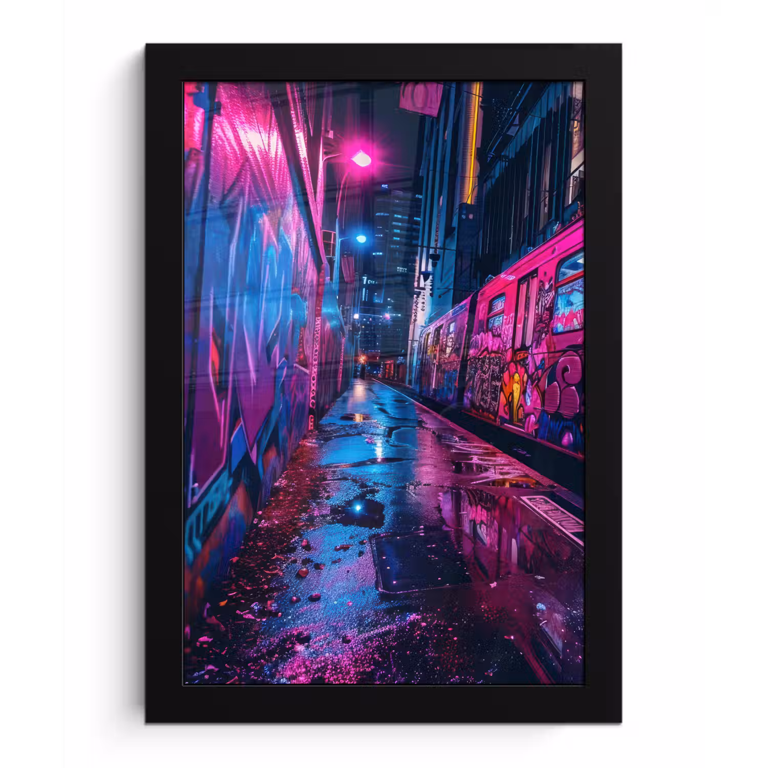 Stad - Neon - Nacht - Roze - Graffiti fotolijst zwart zonder passe partout klein -3d