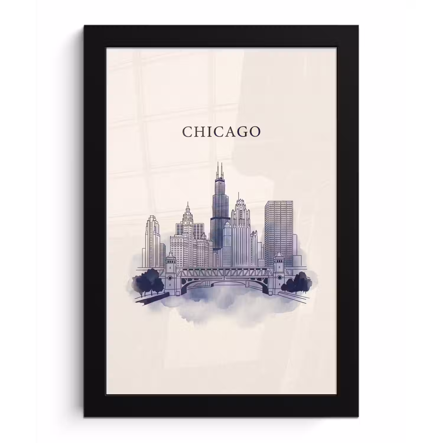 Stad - Skyline - Architectuur - Lijntekening - Blauw fotolijst zwart zonder passe partout klein -3d