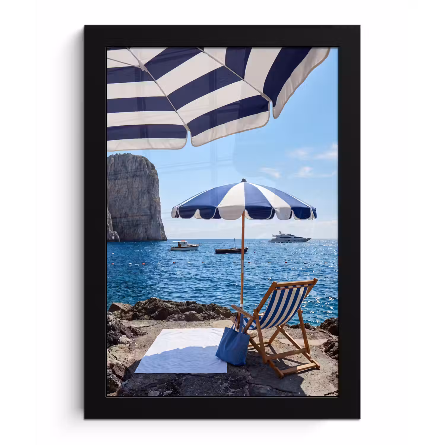 Strand - Ligstoel - Parasol - Zomer - Blauw fotolijst zwart zonder passe partout klein -3d