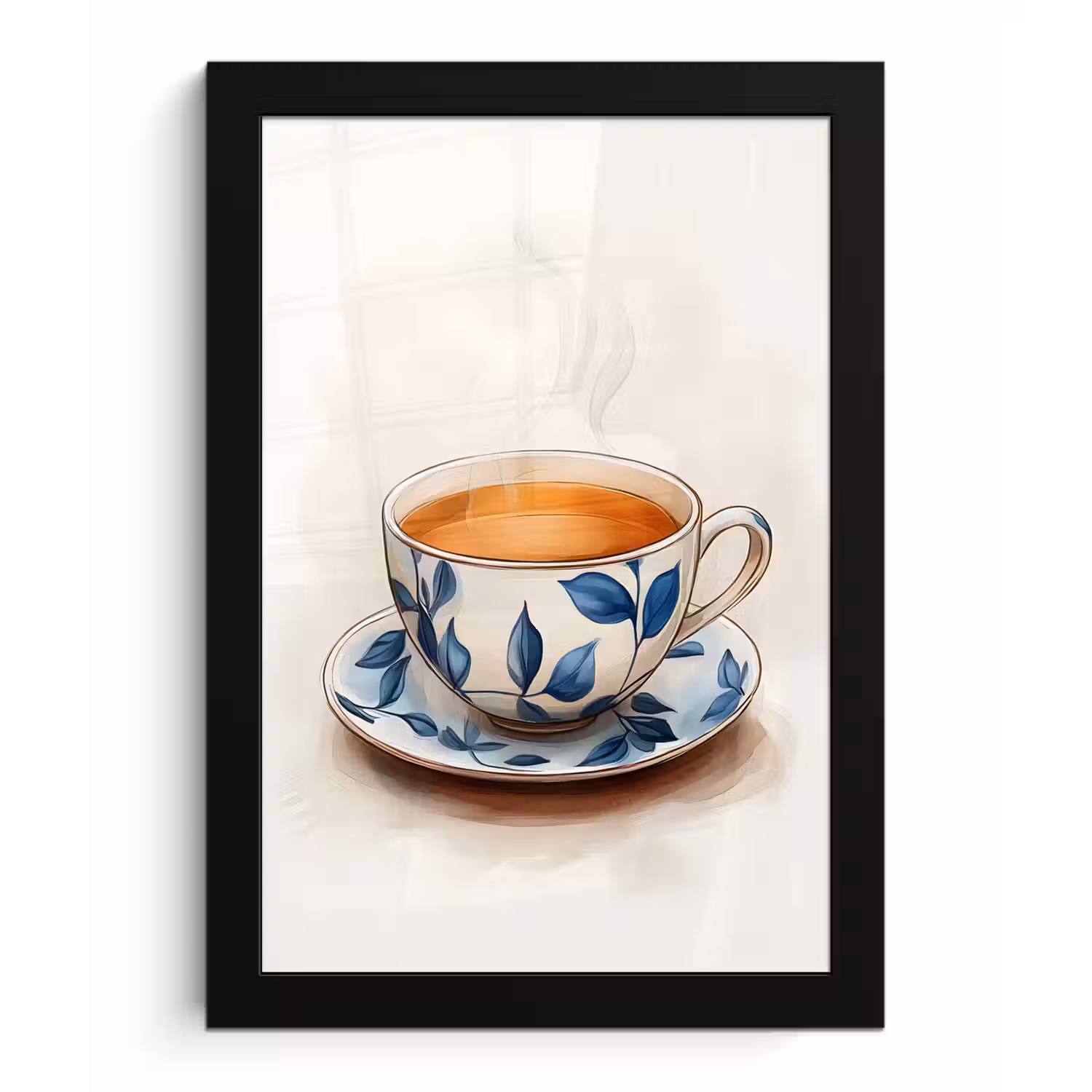 Theekop - Bladeren - Blauw fotolijst zwart zonder passe partout klein -3d
