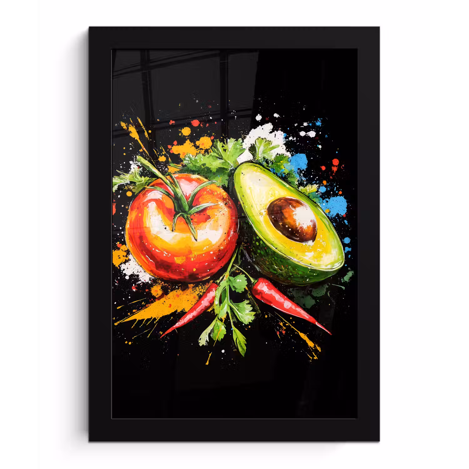 Tomaat - Avocado - Peper - Graffiti - Verf - Modern fotolijst zwart zonder passe partout klein -3d