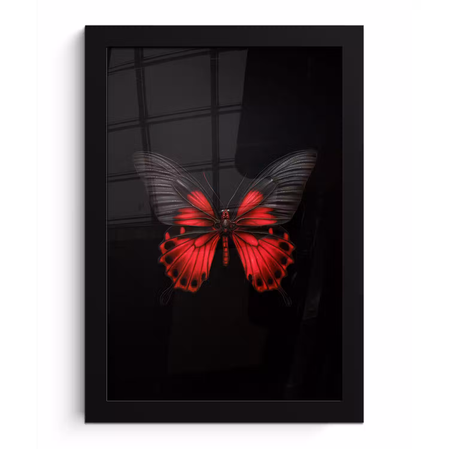 Vlinder - Rood - Contrast fotolijst zwart zonder passe partout klein -3d