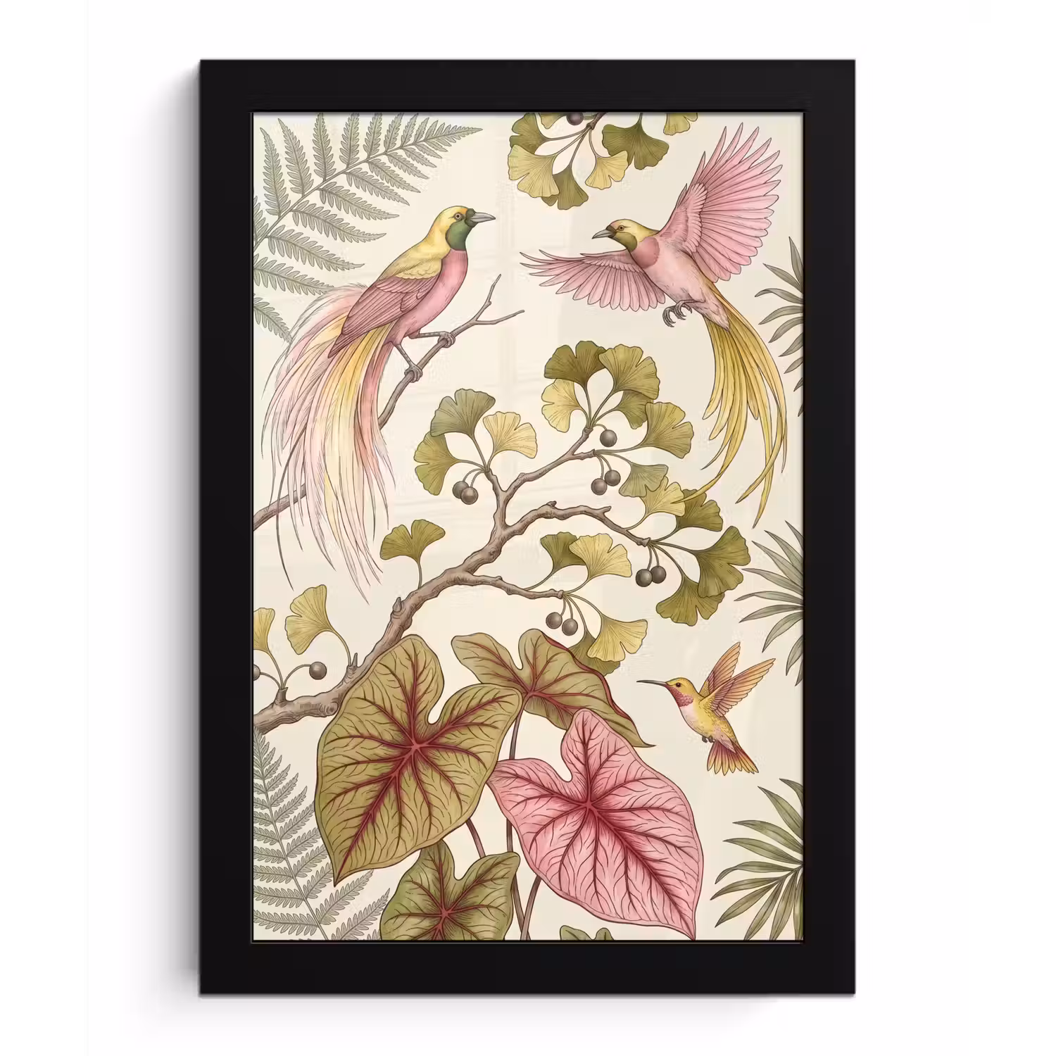 Vogels - Tropisch - Botanisch - Roze fotolijst zwart zonder passe partout klein -3d