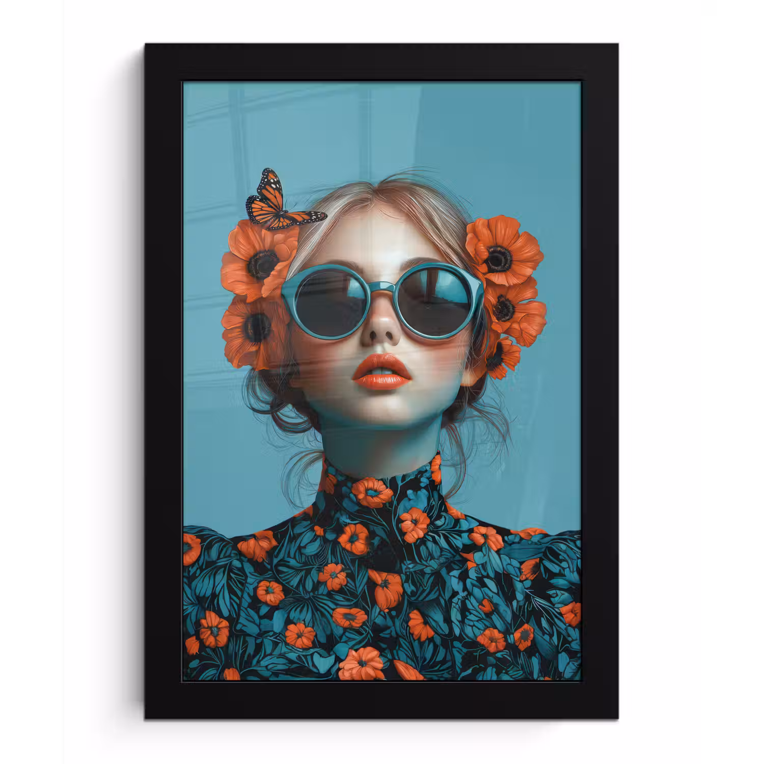 Vrouw - Blauw - Vlinder - Bloemen - Aesthetic fotolijst zwart zonder passe partout klein -3d